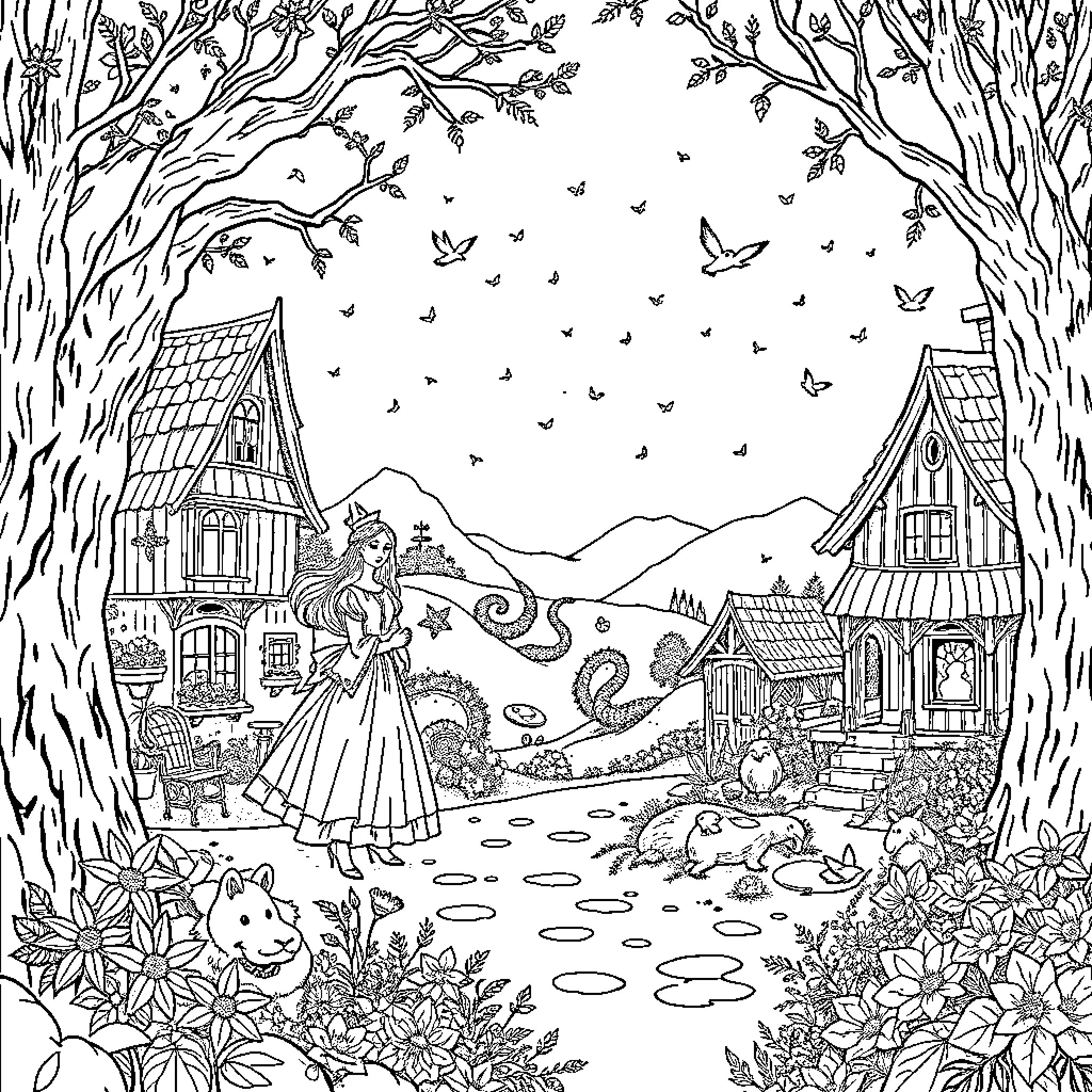 Hans Christian Andersen's Enchanting Storybook Scene Coloring Page (free black-and-white line drawing printable PDF for all, from beginners to advanced learners, including children, teens, adults, and seniors)