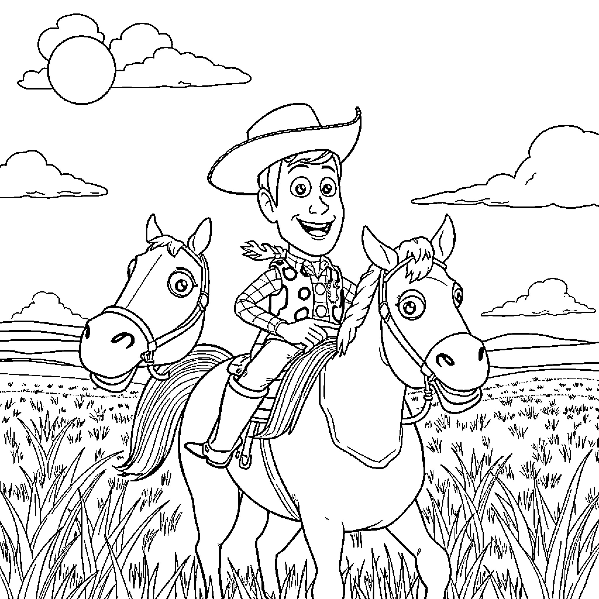 Woody riding happily on horses in the countryside Coloring Page (free black-and-white line drawing printable PDF for all, from beginners to advanced learners, including children, teens, adults, and seniors)