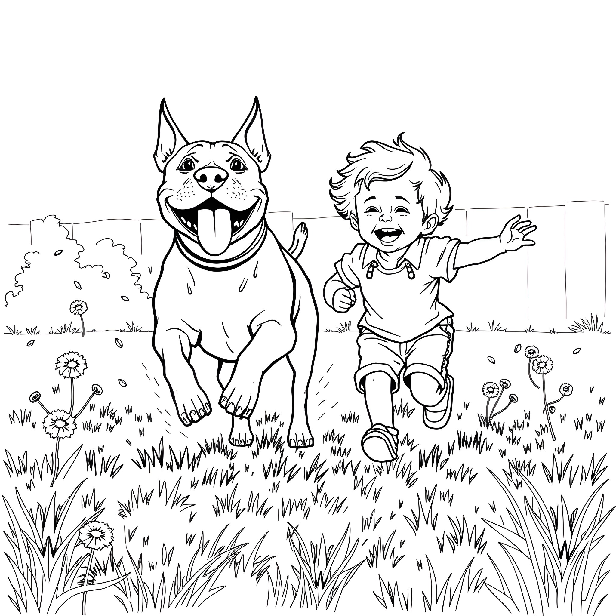 Pitbull playing joyfully with a happy child in the park Coloring Page (free black-and-white line drawing printable PDF for all, from beginners to advanced learners, including children, teens, adults, and seniors)