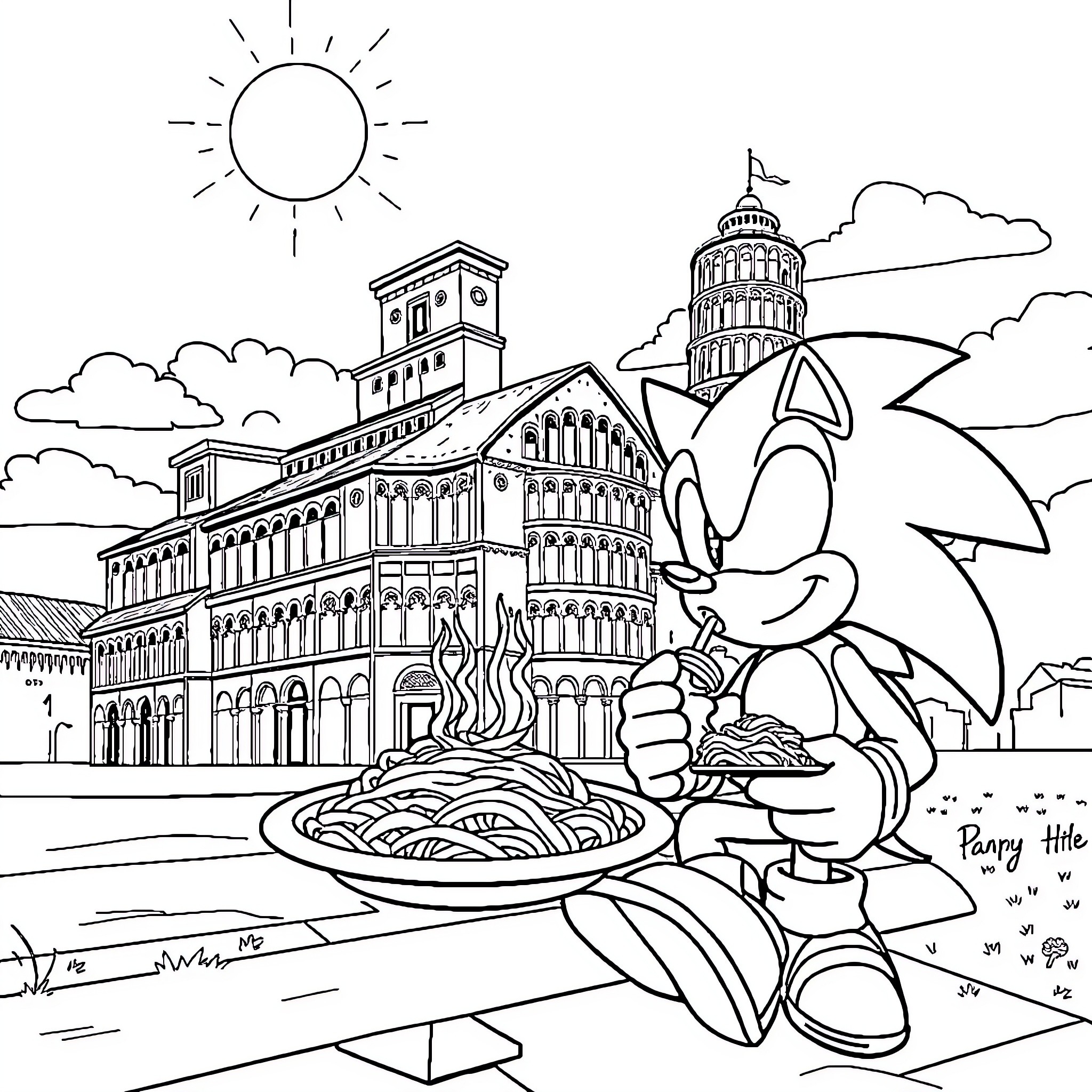 Sonic Enjoying a Delicious Meal in the City Coloring Page (free black-and-white line drawing printable PDF for all, from beginners to advanced learners, including children, teens, adults, and seniors)