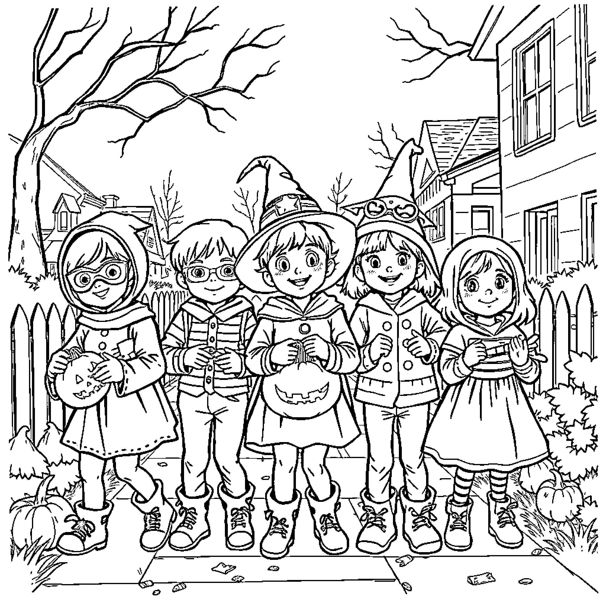 Kids celebrating Halloween in a neighborhood Coloring Page (free black-and-white line drawing printable PDF for all, from beginners to advanced learners, including children, teens, adults, and seniors)