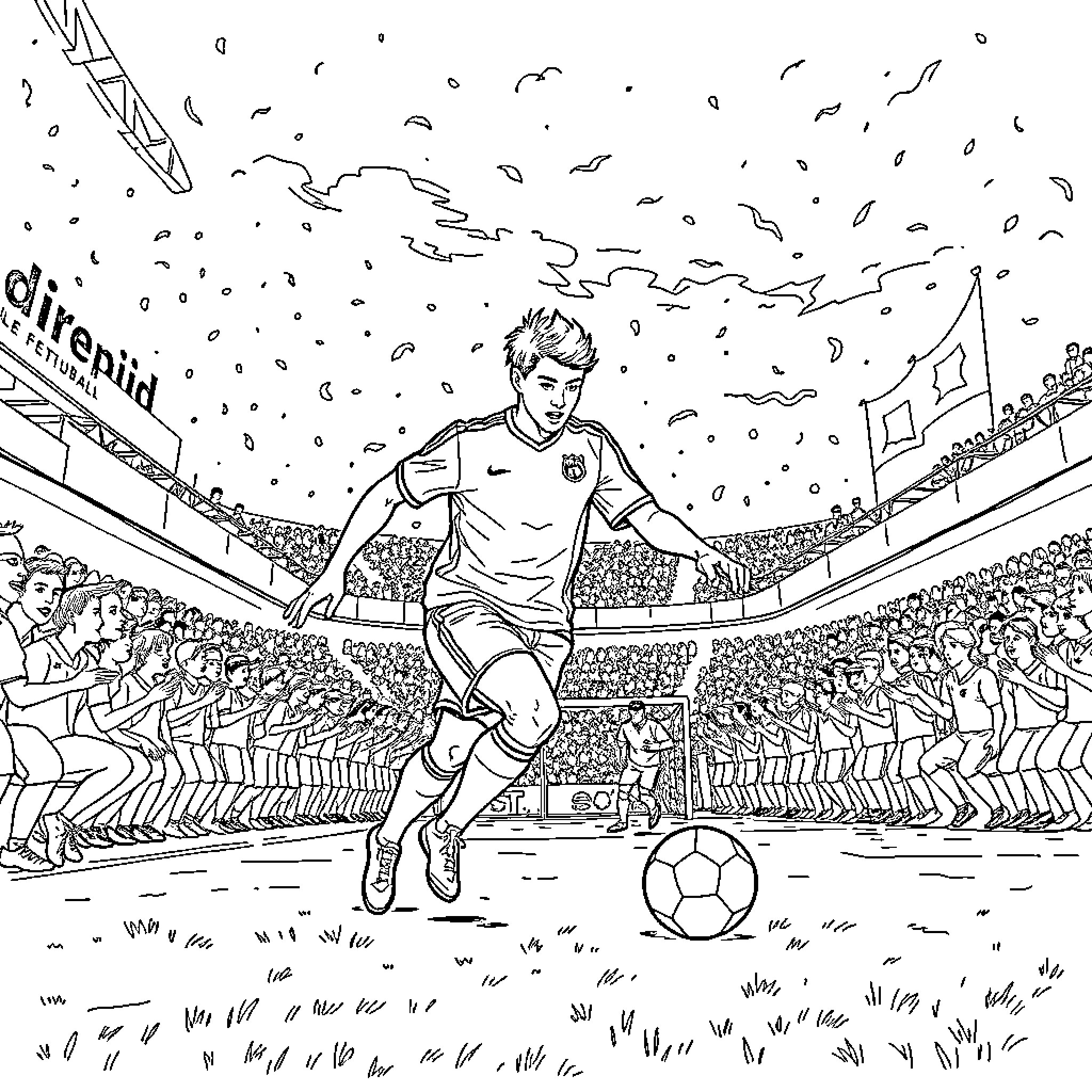Desire Doué: Player Kicking Soccer Ball on Field Coloring Page (free black-and-white line drawing printable PDF for all, from beginners to advanced learners, including children, teens, adults, and seniors)
