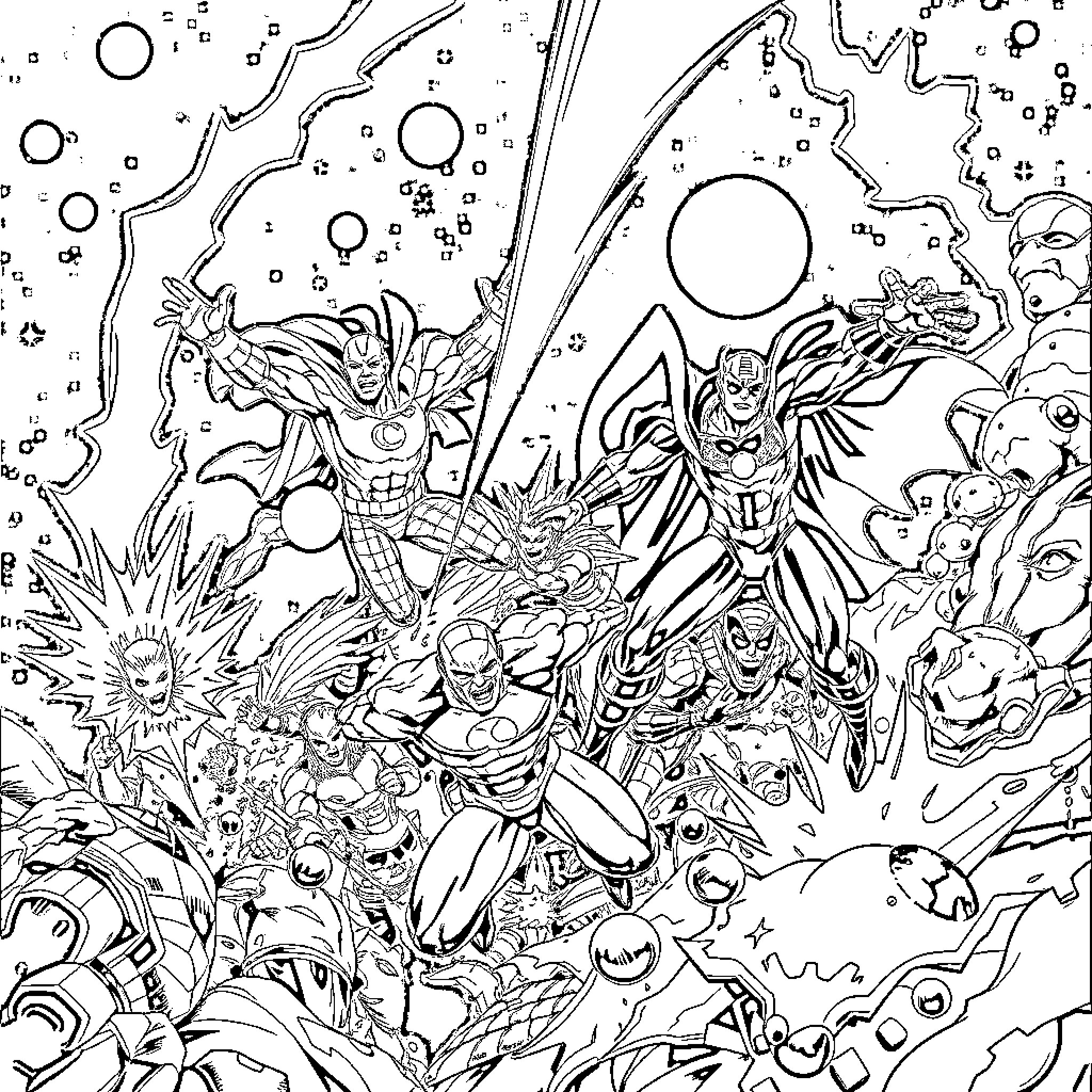 Marvel Rival Heroes in Epic Battle Coloring Page (free black-and-white line drawing printable PDF for all, from beginners to advanced learners, including children, teens, adults, and seniors)