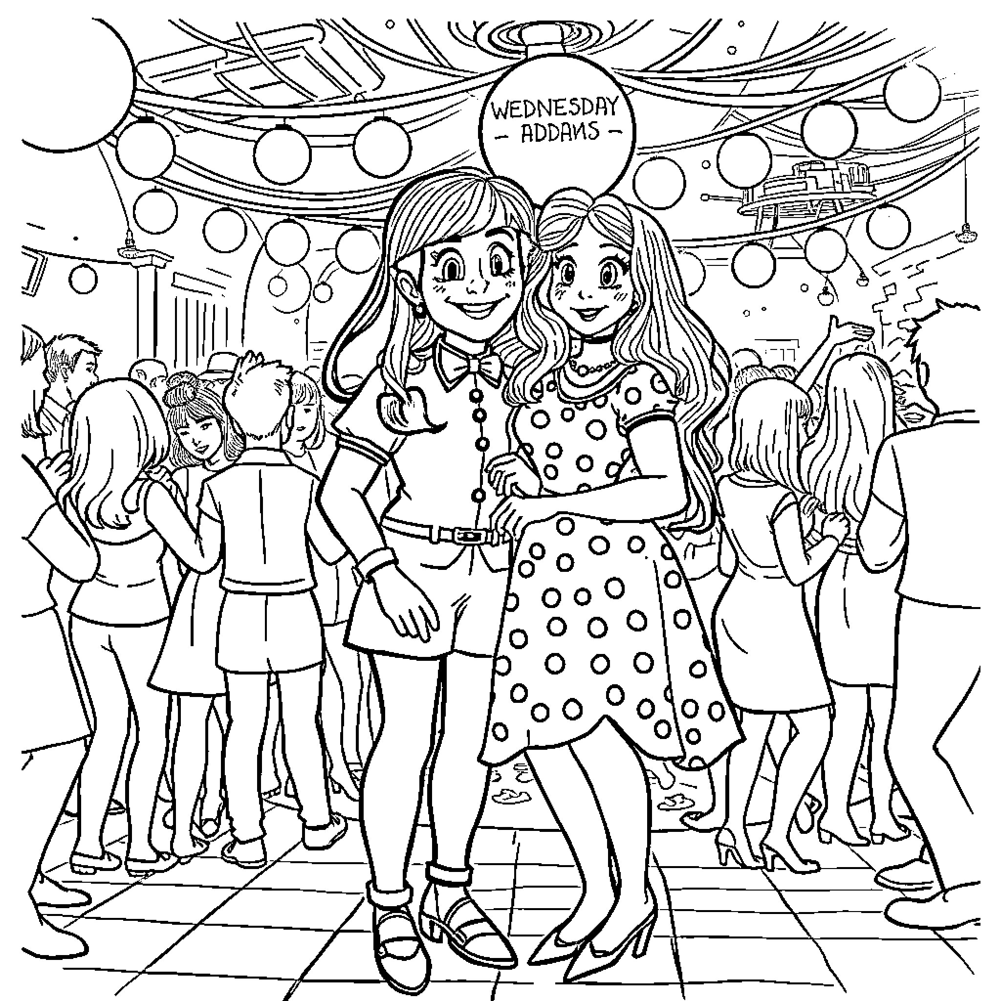 Wednesday Addams and friends at a Wednesday Addams party Coloring Page (free black-and-white line drawing printable PDF for all, from beginners to advanced learners, including children, teens, adults, and seniors)