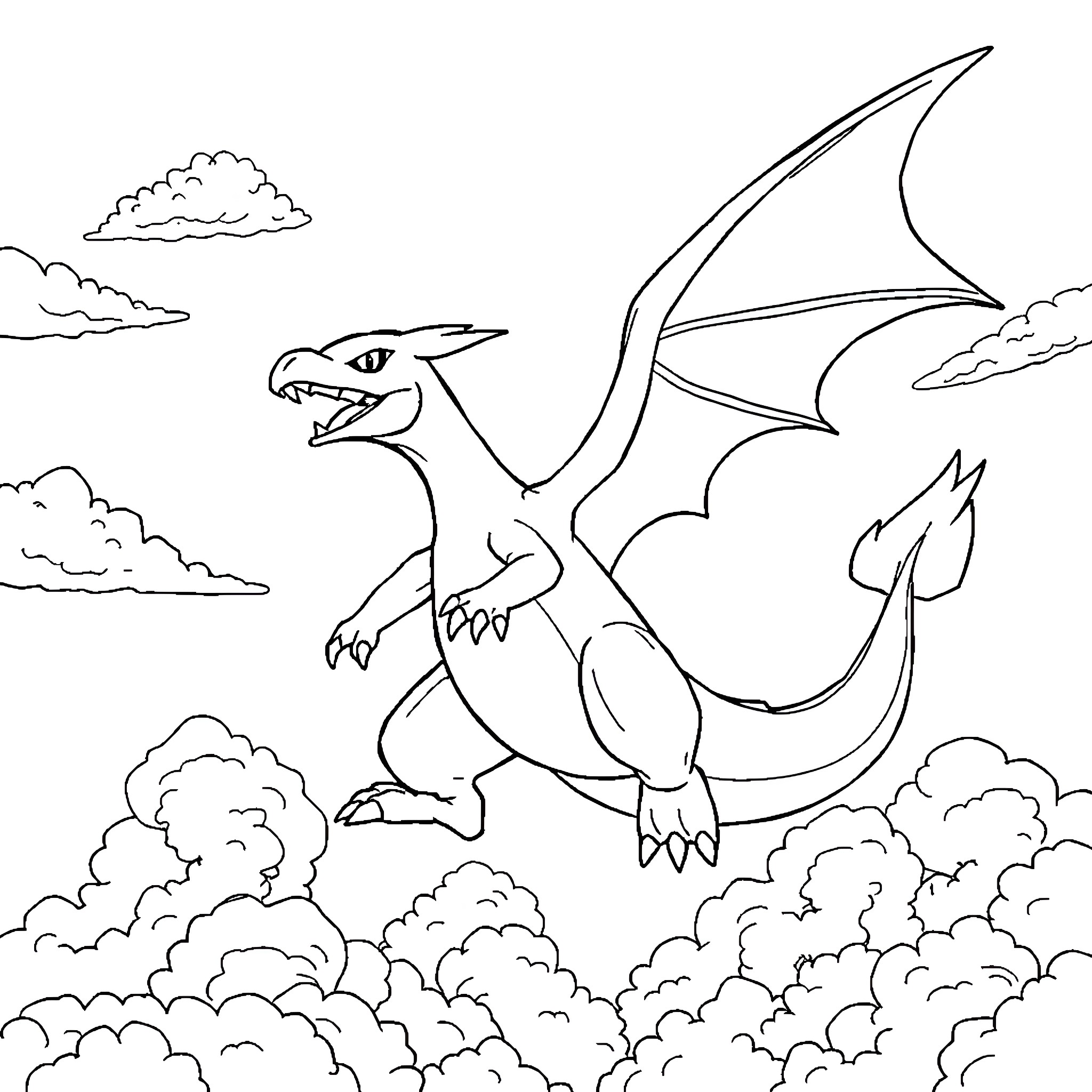 Charizard soaring through the sky Coloring Page (free black-and-white line drawing printable PDF for all, from beginners to advanced learners, including children, teens, adults, and seniors)