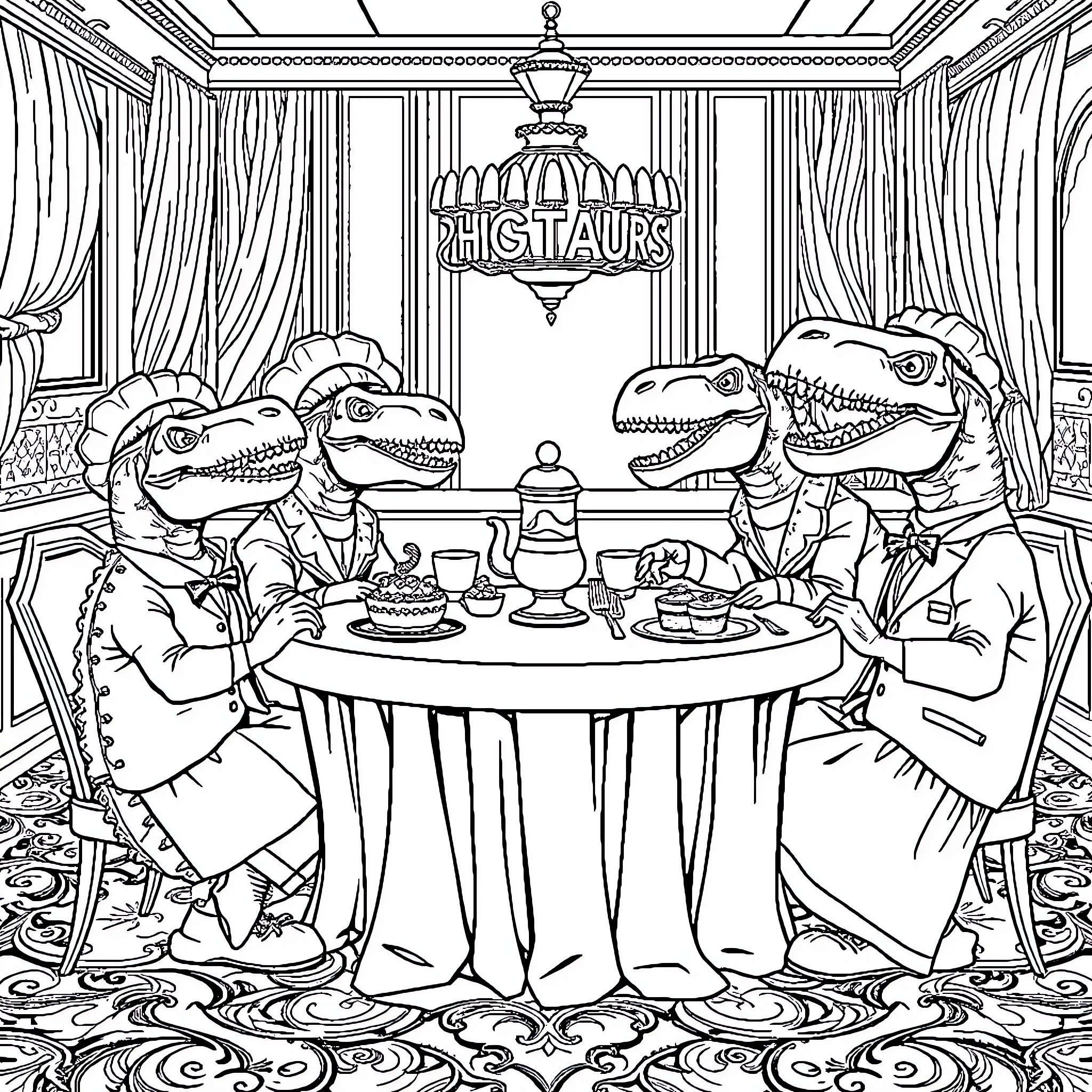 Dinosaurs Enjoying a Fancy Dinner Party Coloring Page (free black-and-white line drawing printable PDF for all, from beginners to advanced learners, including children, teens, adults, and seniors)