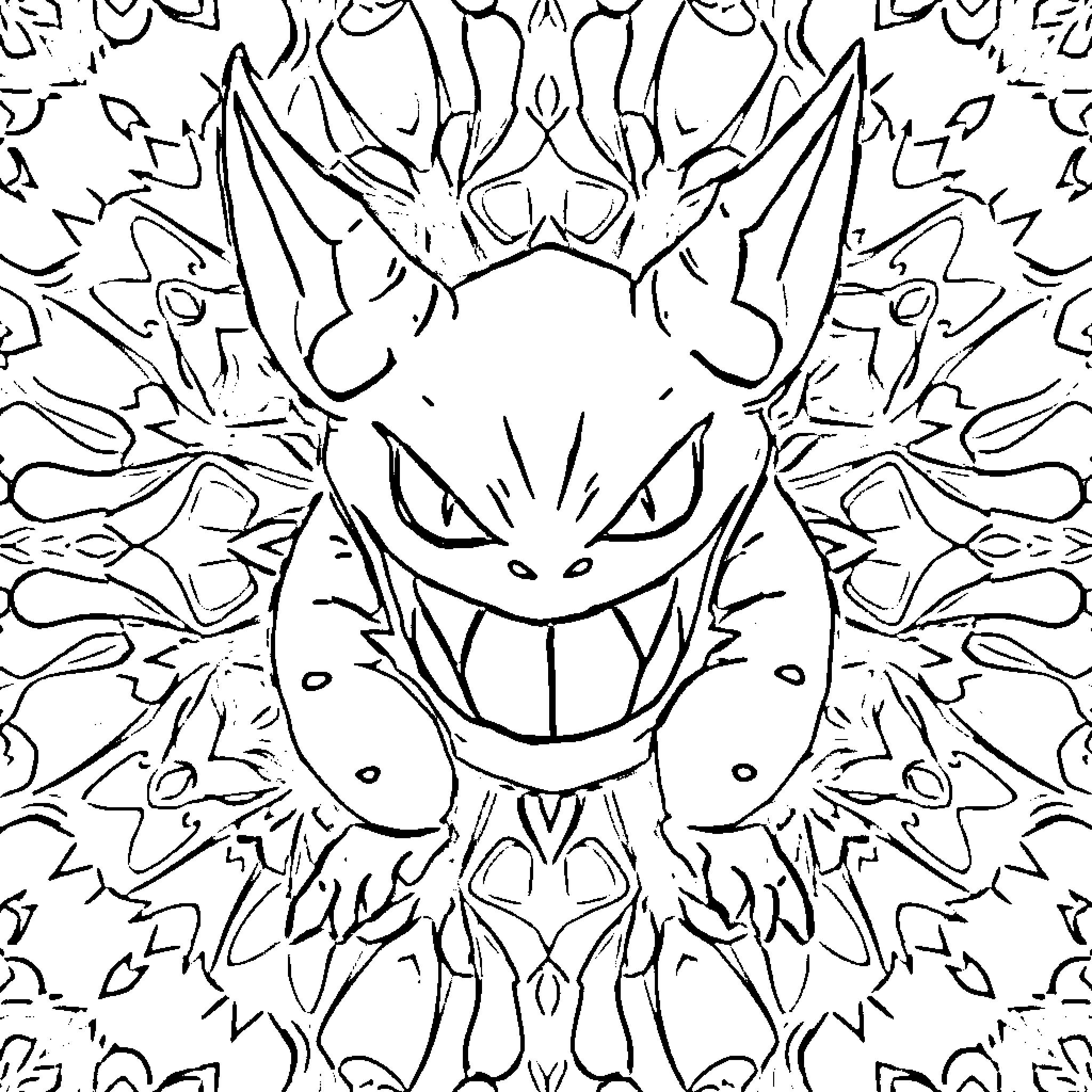 Gengar's Menacing Grin Coloring Page (free black-and-white line drawing printable PDF for all, from beginners to advanced learners, including children, teens, adults, and seniors)
