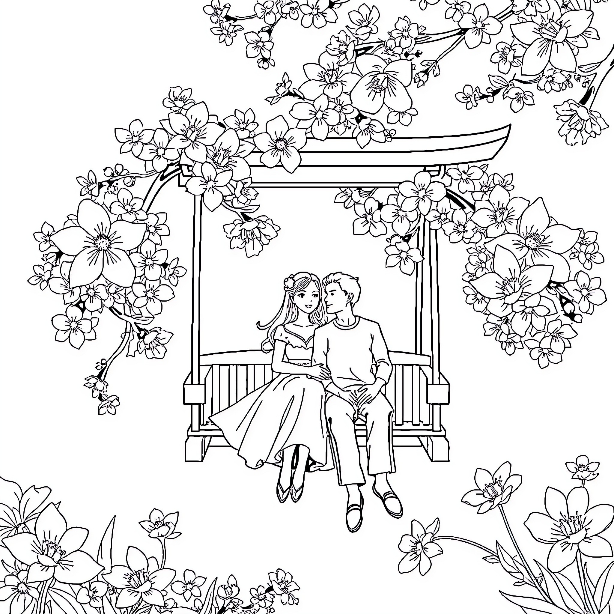 Cerisier couple relaxing under blooming flowers Coloring Page (free black-and-white line drawing printable PDF for all, from beginners to advanced learners, including children, teens, adults, and seniors)