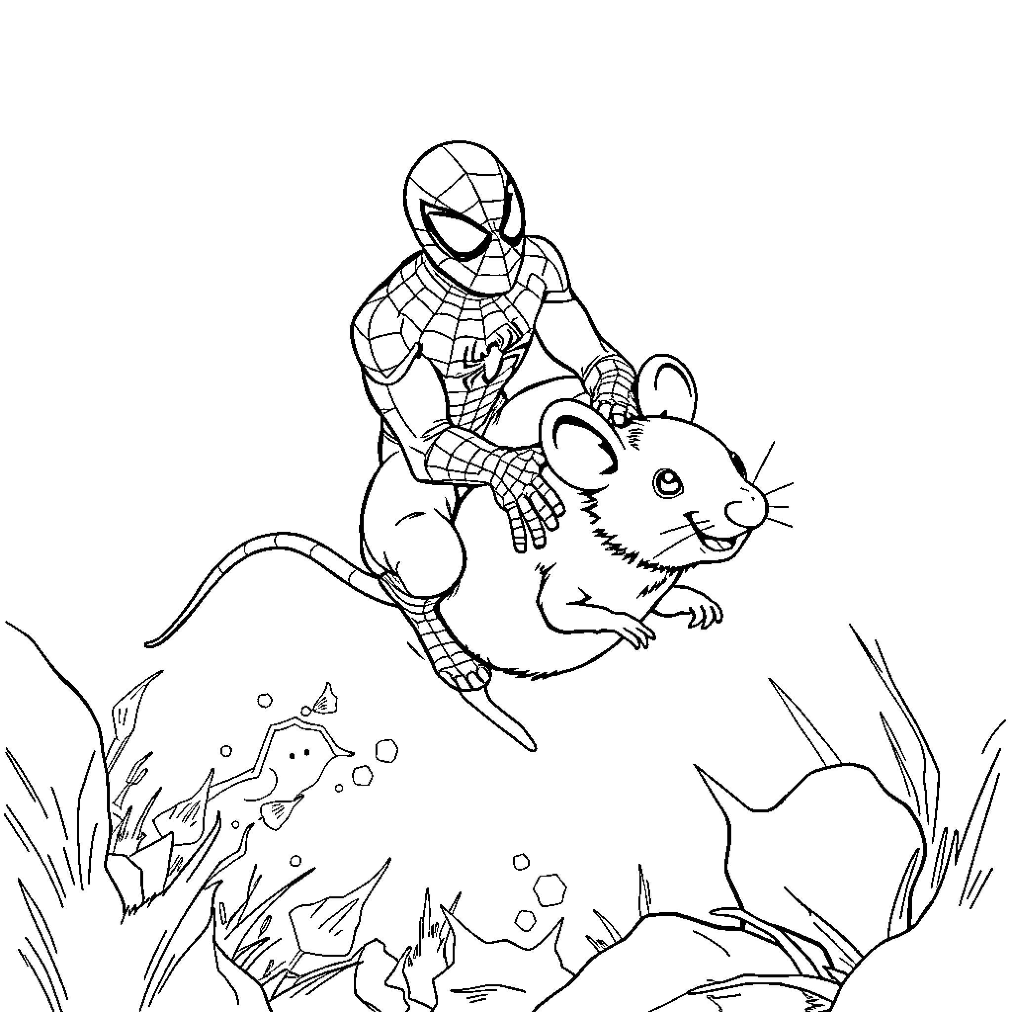 Spiderman helps a curious mouse in the garden Coloring Page (free black-and-white line drawing printable PDF for all, from beginners to advanced learners, including children, teens, adults, and seniors)