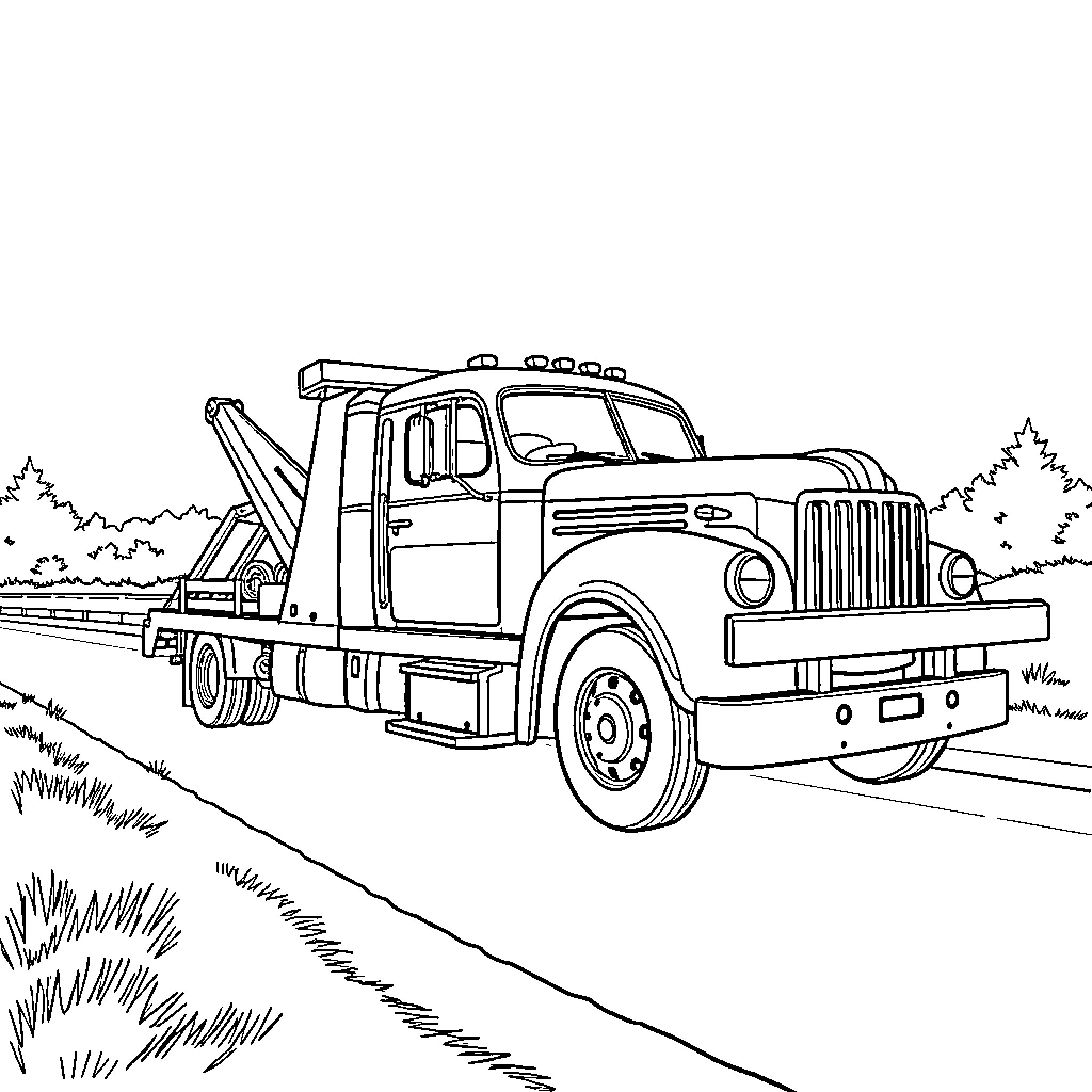 Tow Truck Assisting on the Road Coloring Page (free black-and-white line drawing printable PDF for all, from beginners to advanced learners, including children, teens, adults, and seniors)