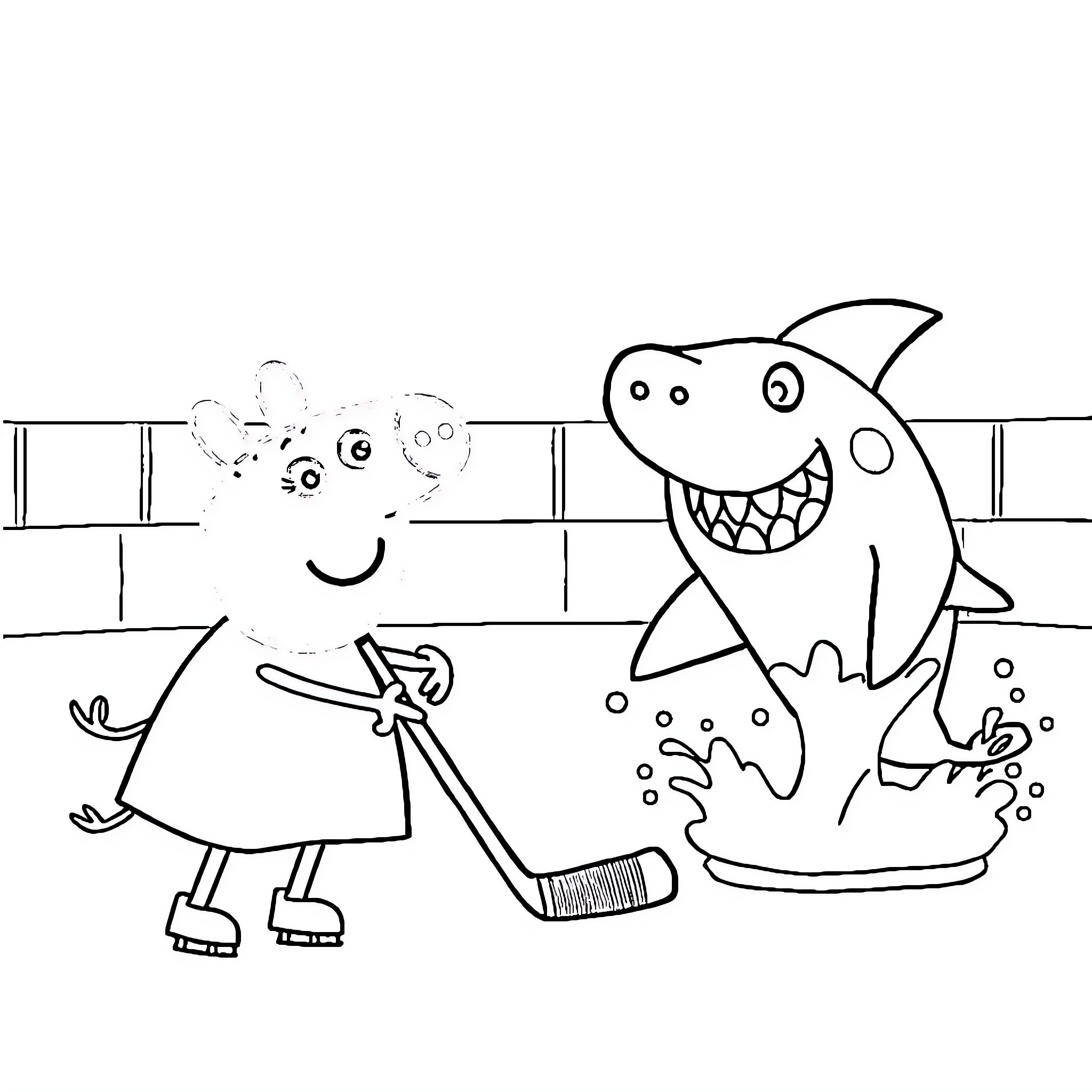 Peppa Pig and Shark Playing at the Beach Coloring Page (free black-and-white line drawing printable PDF for all, from beginners to advanced learners, including children, teens, adults, and seniors)