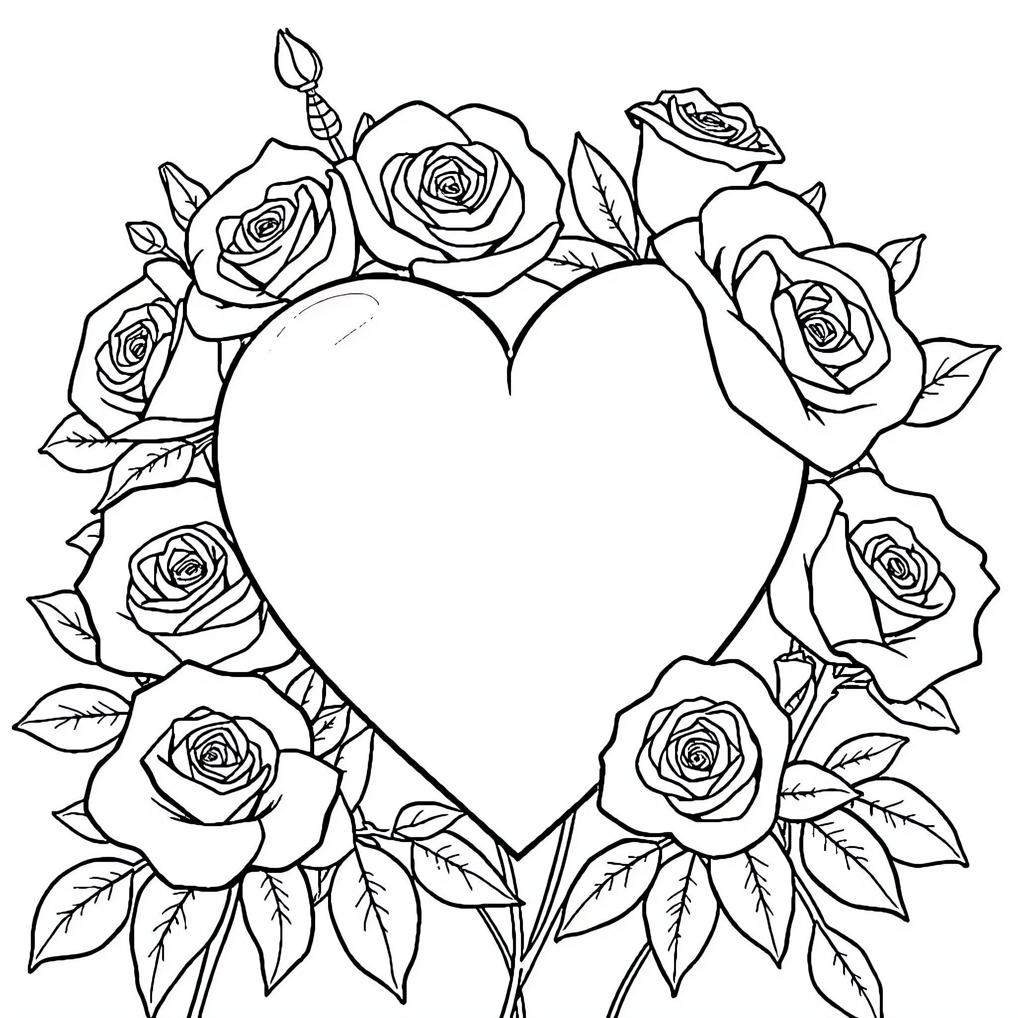 Heart framed by delicate rose blooms Coloring Page (free black-and-white line drawing printable PDF for all, from beginners to advanced learners, including children, teens, adults, and seniors)