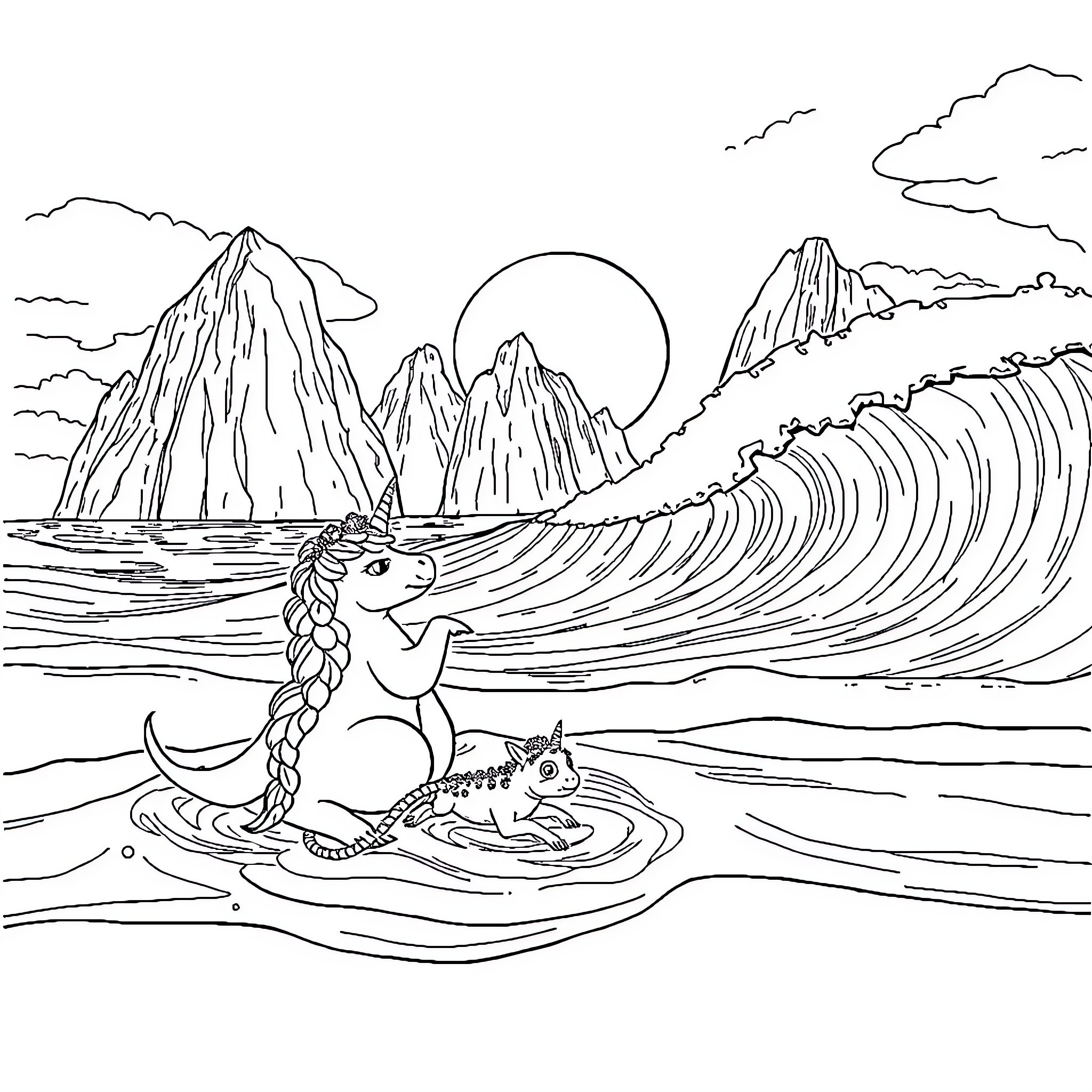 Unicorn swimming in the ocean with mountain scenery Coloring Page (free black-and-white line drawing printable PDF for all, from beginners to advanced learners, including children, teens, adults, and seniors)