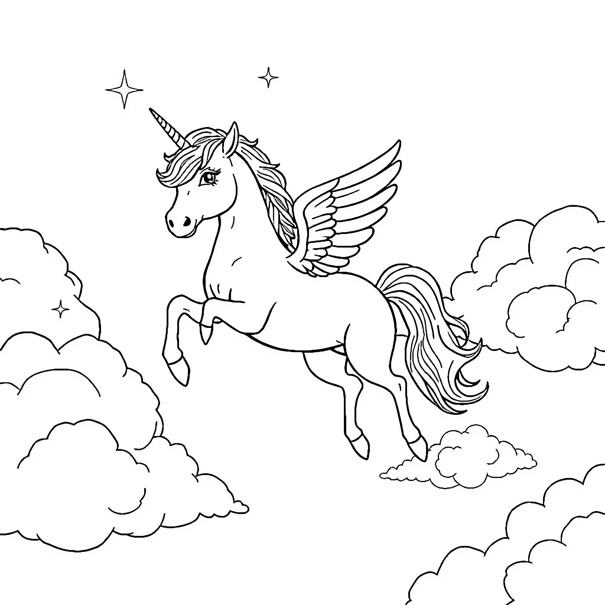 Unicorn soaring gracefully through the magical sky Coloring Page (free black-and-white line drawing printable PDF for all, from beginners to advanced learners, including children, teens, adults, and seniors)