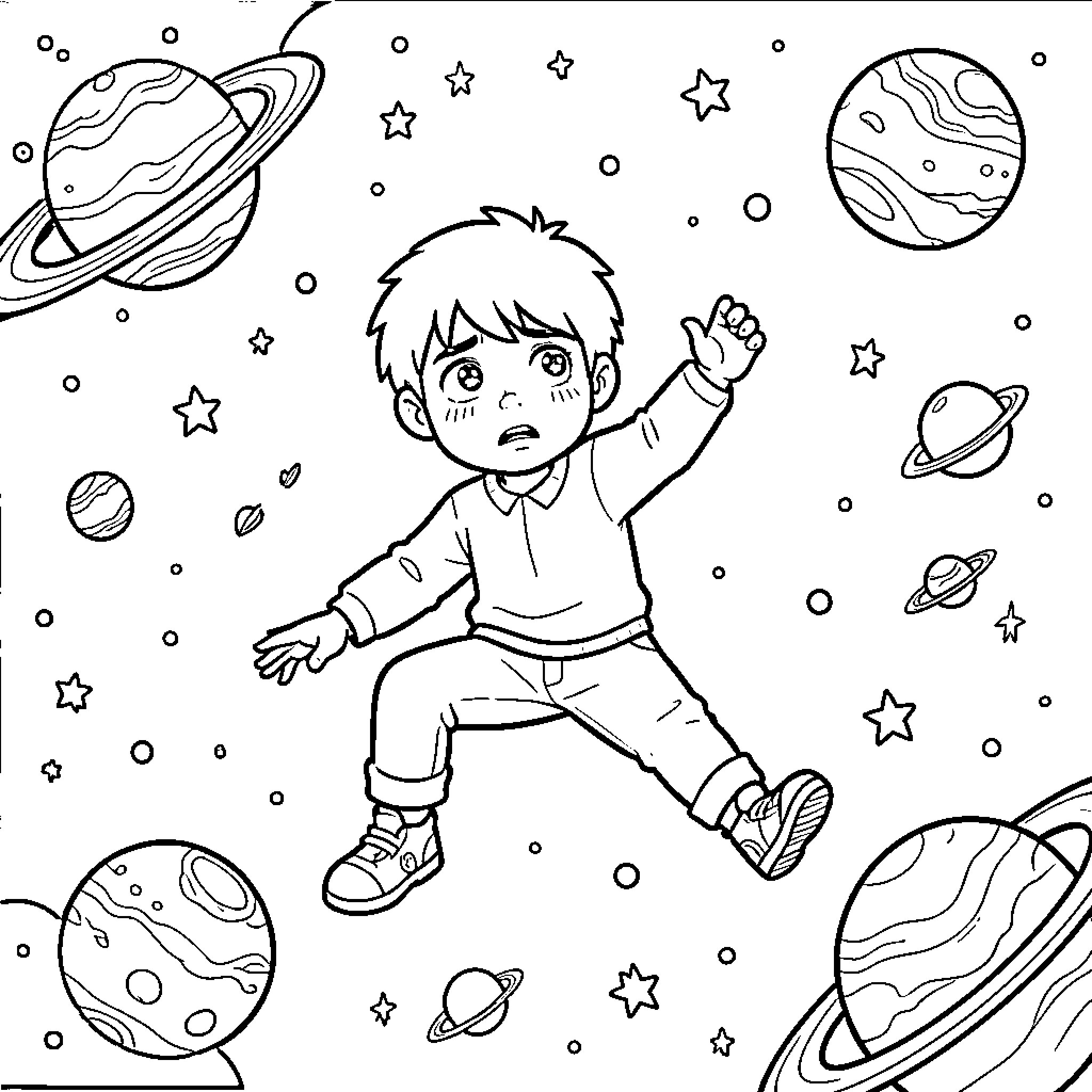 Kid floating through outer space among planets and stars Coloring Page (free black-and-white line drawing printable PDF for all, from beginners to advanced learners, including children, teens, adults, and seniors)