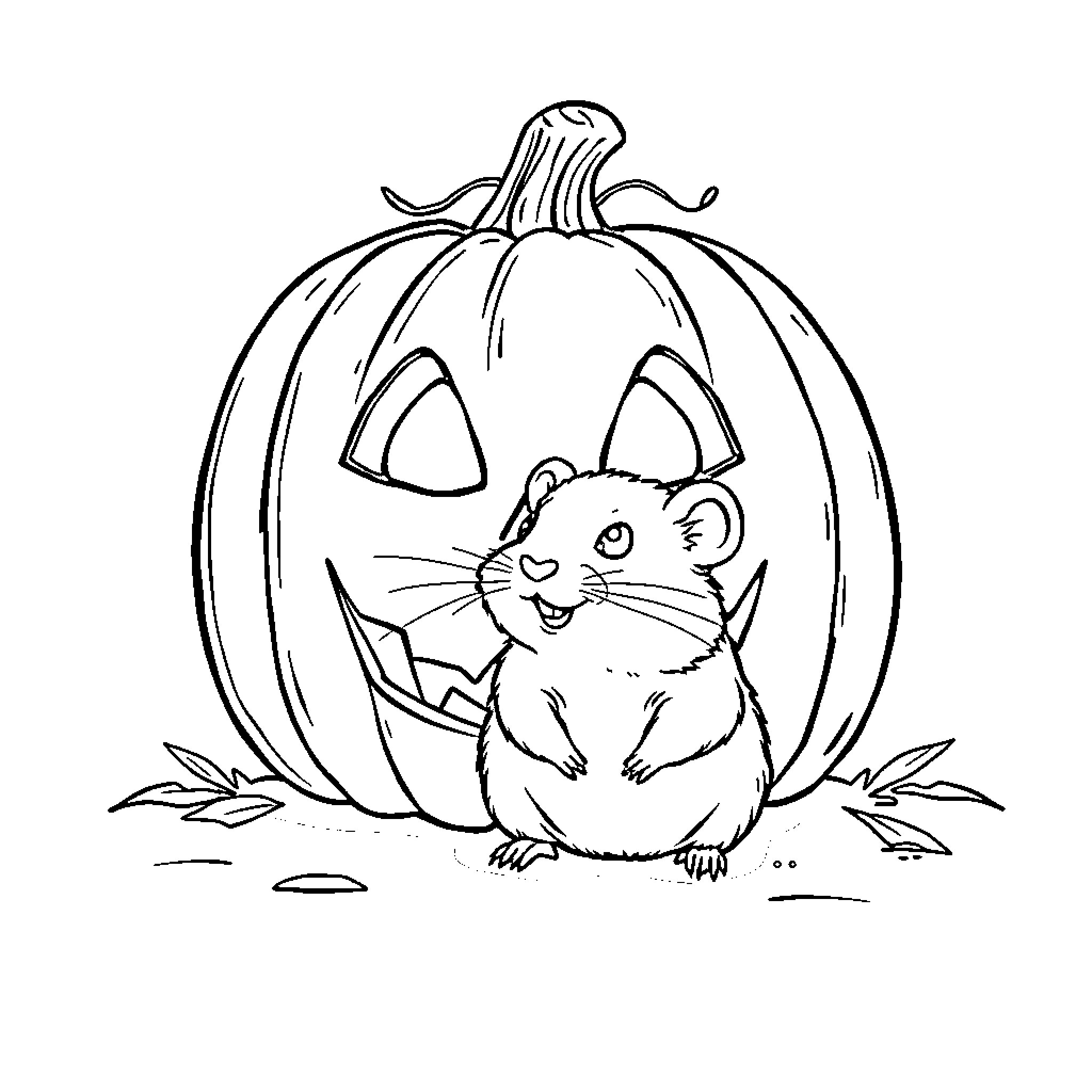 Hamster enjoying a pumpkin in the fall Coloring Page (free black-and-white line drawing printable PDF for all, from beginners to advanced learners, including children, teens, adults, and seniors)