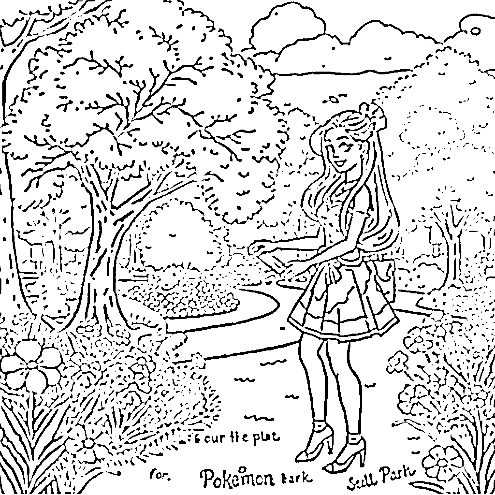Barbie exploring a magical forest scene Coloring Page (free black-and-white line drawing printable PDF for all, from beginners to advanced learners, including children, teens, adults, and seniors)