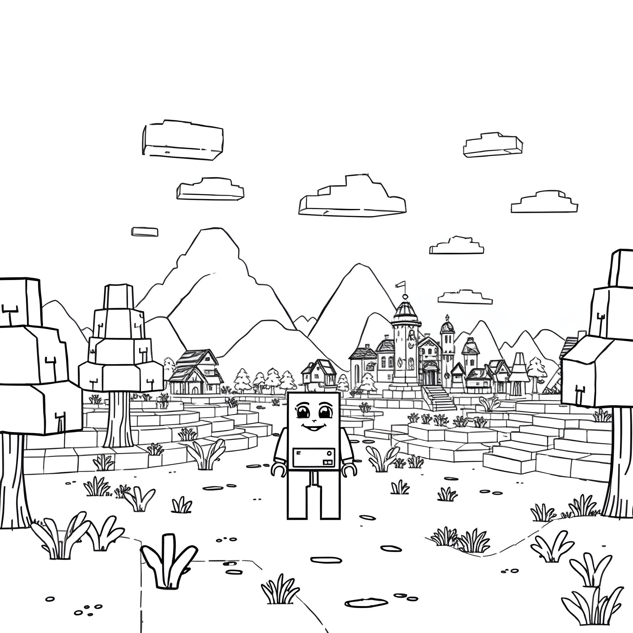 Bing-bong robot exploring a whimsical town with mountains Coloring Page (free black-and-white line drawing printable PDF for all, from beginners to advanced learners, including children, teens, adults, and seniors)