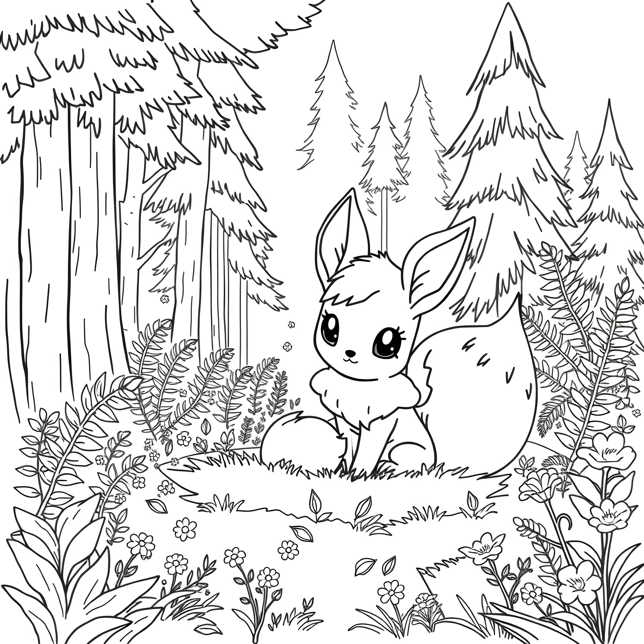 Fennekin enjoying the enchanted forest Coloring Page (free black-and-white line drawing printable PDF for all, from beginners to advanced learners, including children, teens, adults, and seniors)