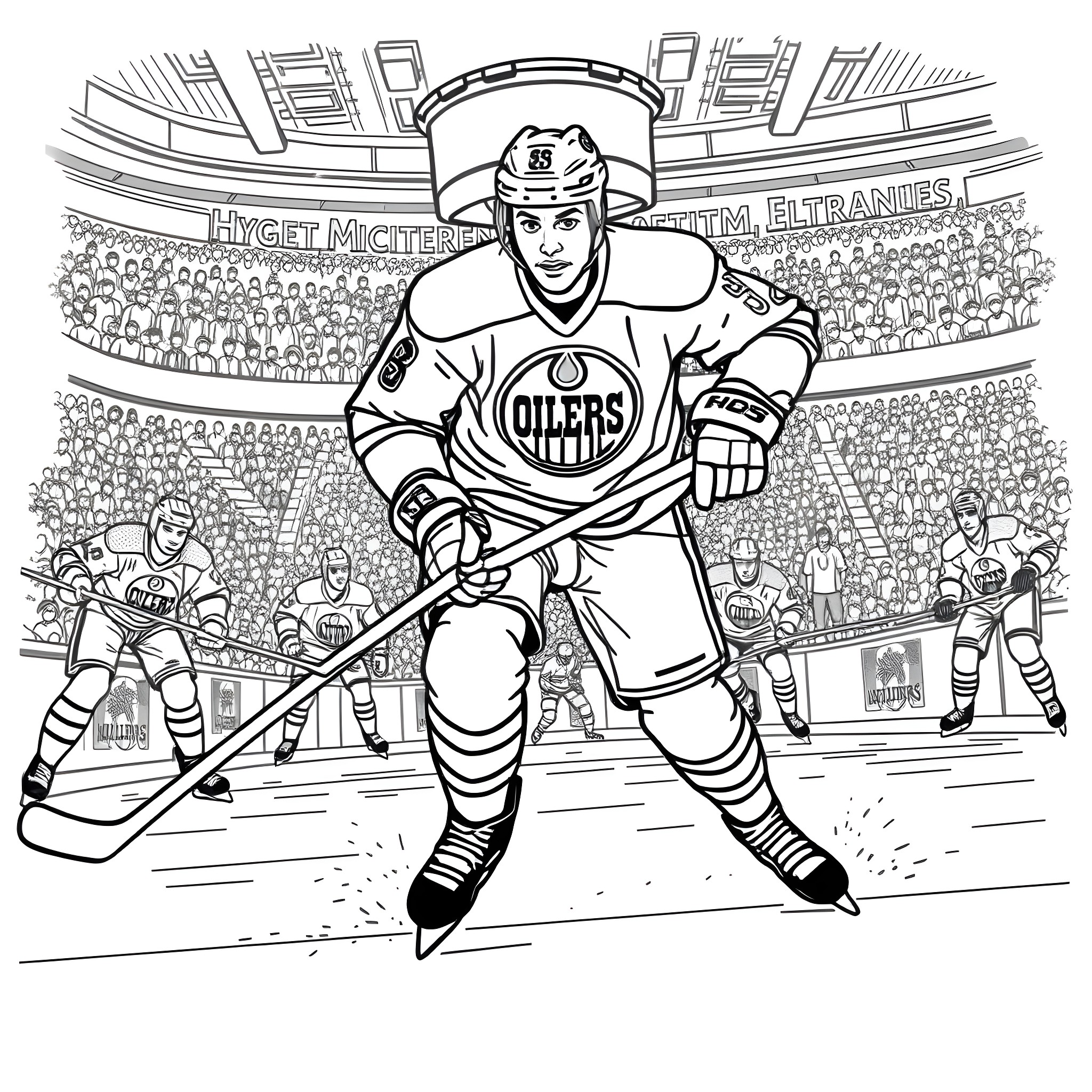 Hockey Player in Action on the Ice Rink Coloring Page (free black-and-white line drawing printable PDF for all, from beginners to advanced learners, including children, teens, adults, and seniors)