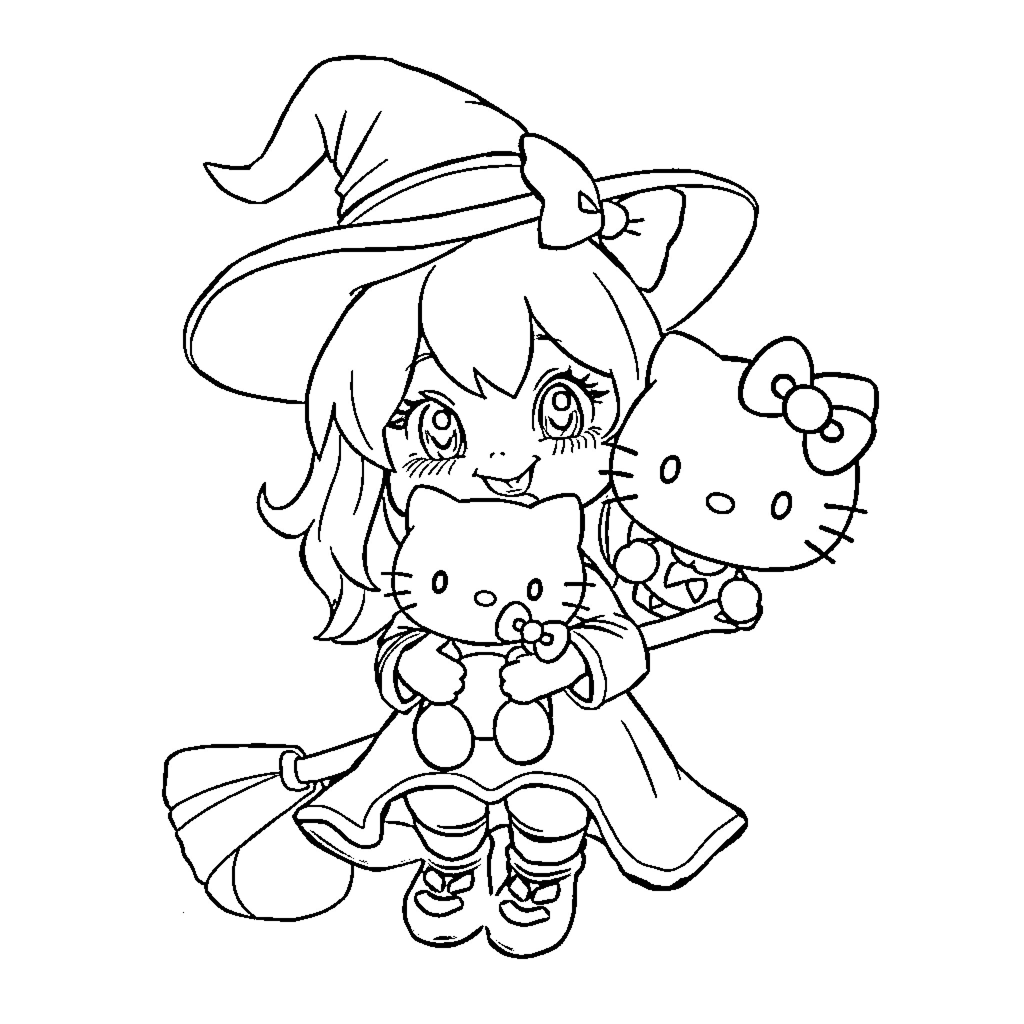 Bluey in Witch Costume with Hello Kitty Coloring Page (free black-and-white line drawing printable PDF for all, from beginners to advanced learners, including children, teens, adults, and seniors)