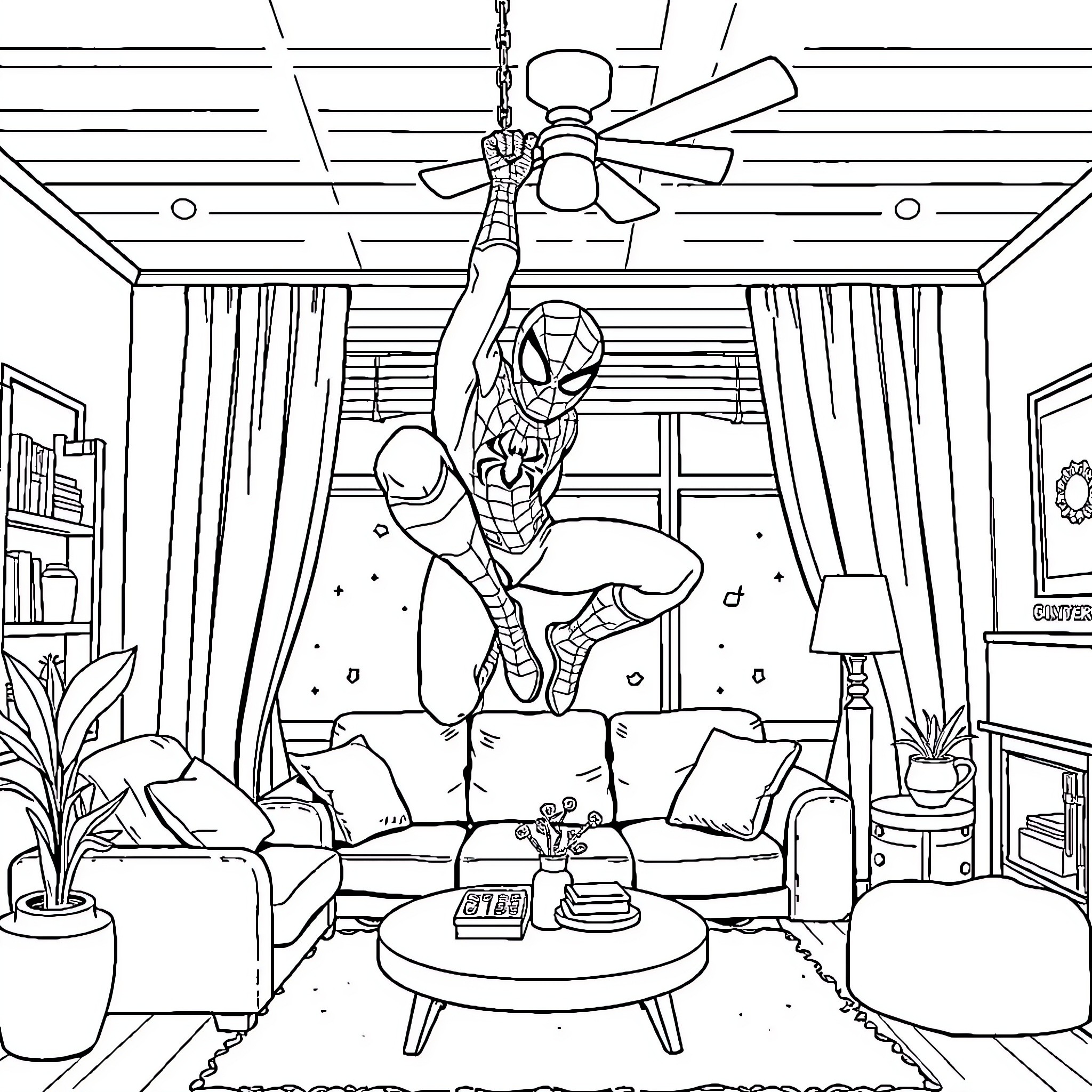 Spiderman swinging through the cozy living room Coloring Page (free black-and-white line drawing printable PDF for all, from beginners to advanced learners, including children, teens, adults, and seniors)