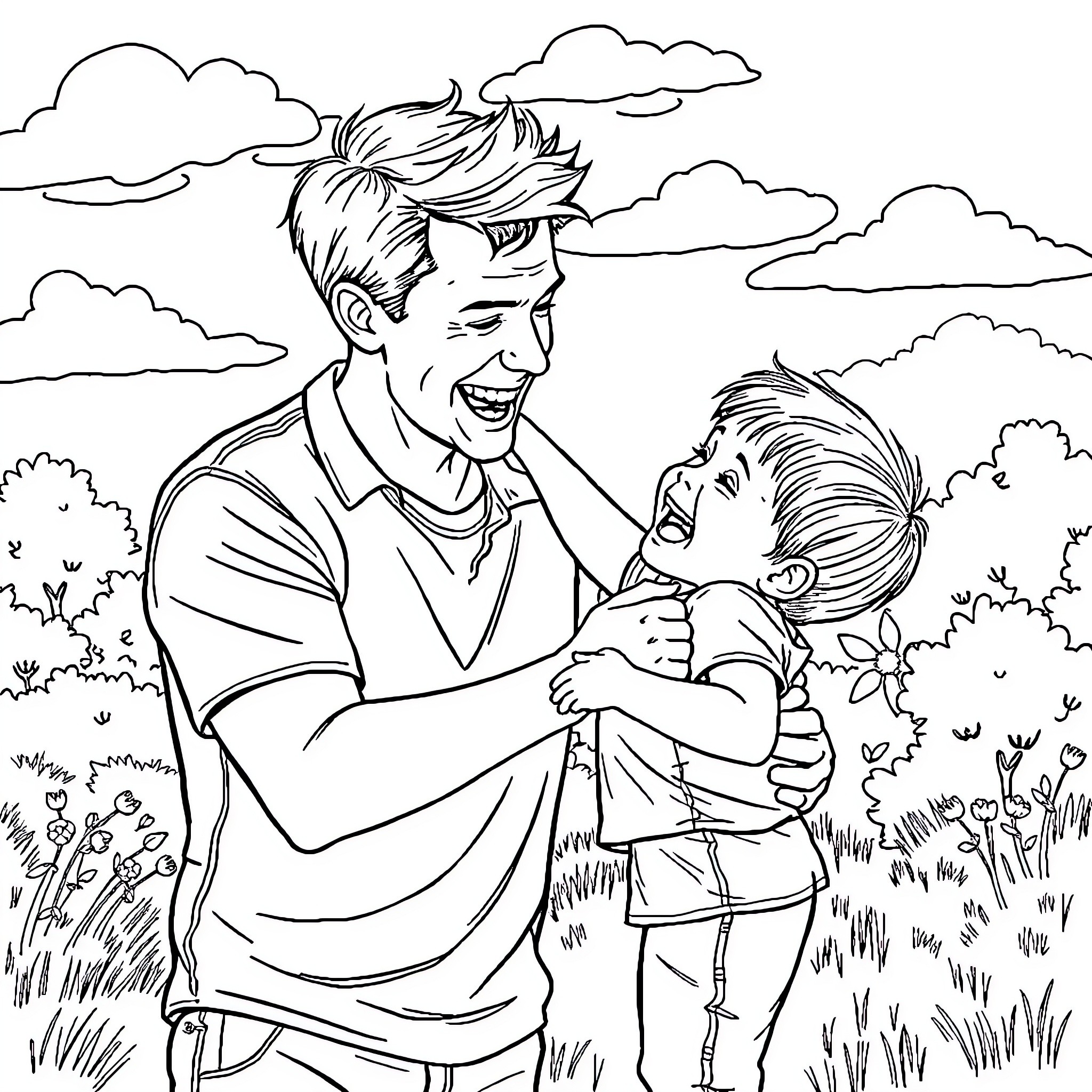 Dad playing joyfully with his young son in the park Coloring Page (free black-and-white line drawing printable PDF for all, from beginners to advanced learners, including children, teens, adults, and seniors)