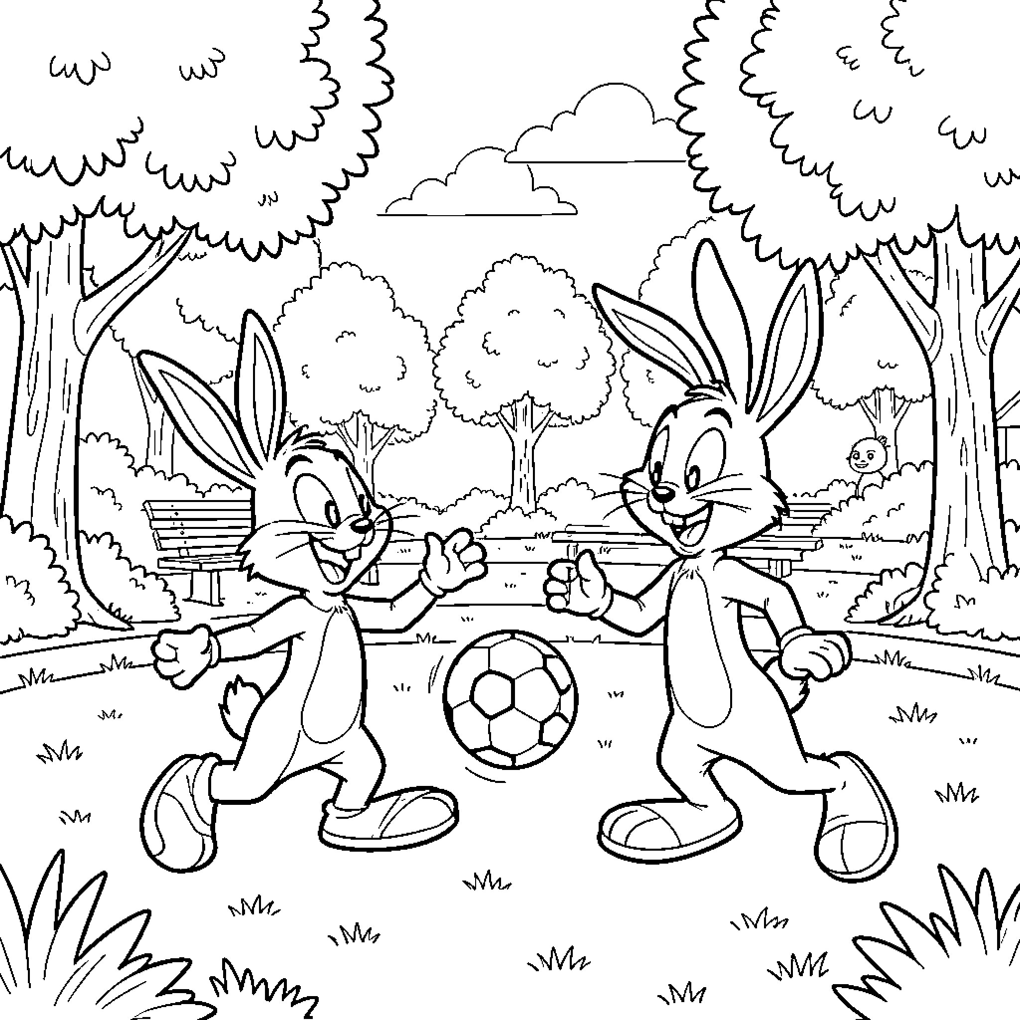 Minie rabbits playing soccer together in the park Coloring Page (free black-and-white line drawing printable PDF for all, from beginners to advanced learners, including children, teens, adults, and seniors)