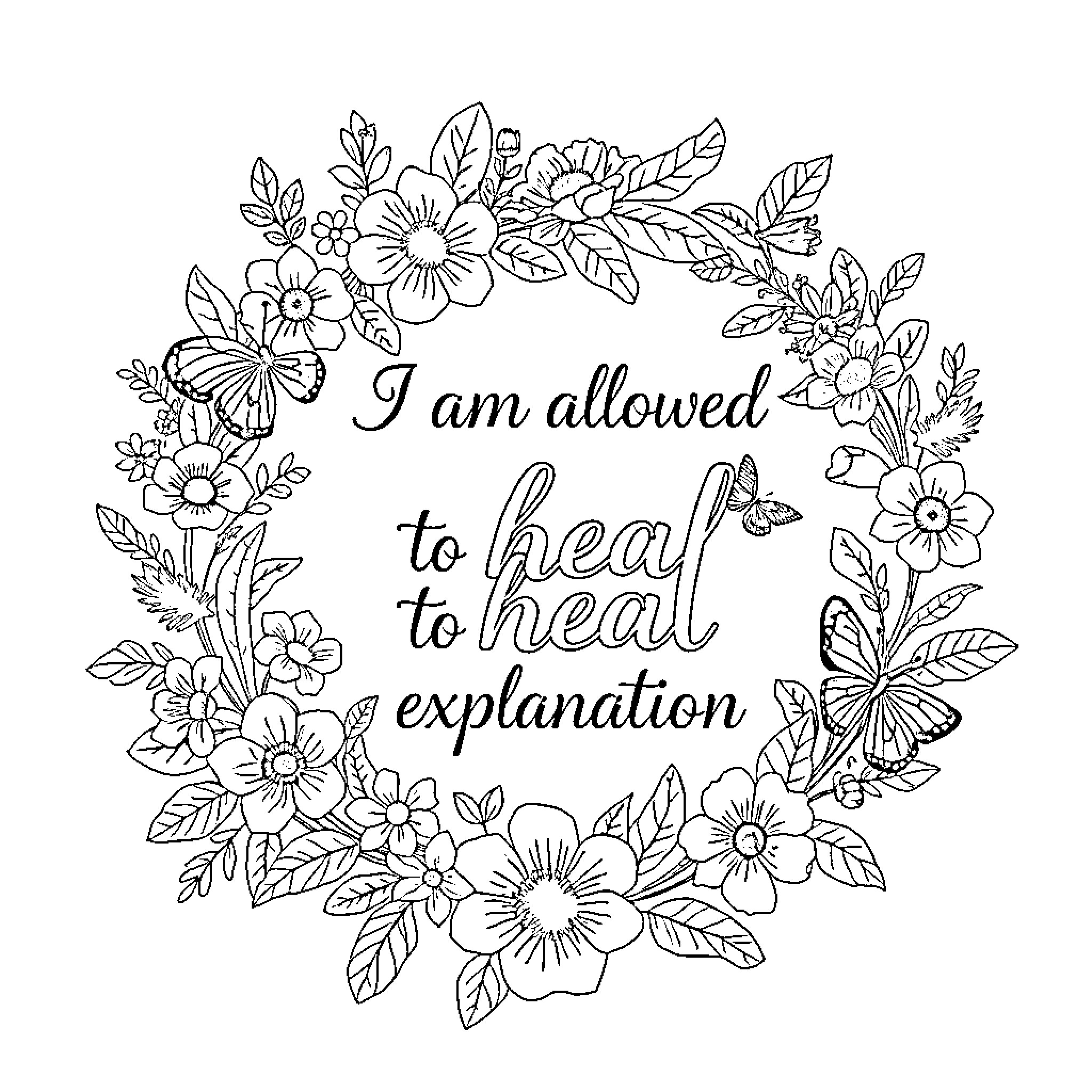 Wreath of Flowers with Inspirational Message Coloring Page (free black-and-white line drawing printable PDF for all, from beginners to advanced learners, including children, teens, adults, and seniors)
