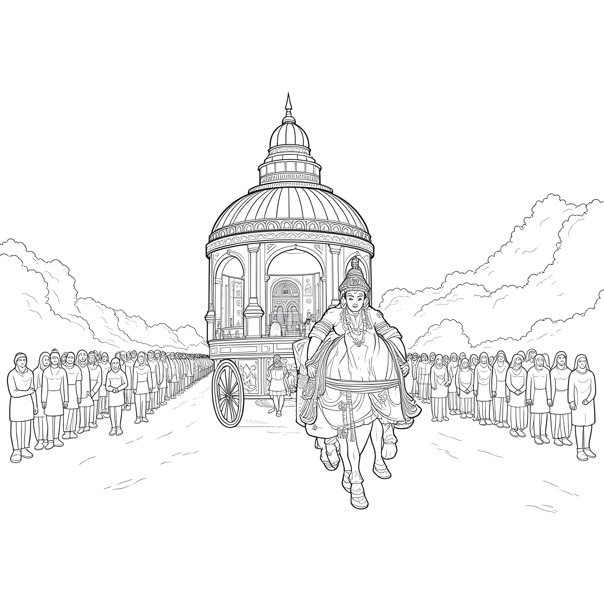 Rathayatra festival procession with deities and devotees Coloring Page (free black-and-white line drawing printable PDF for all, from beginners to advanced learners, including children, teens, adults, and seniors)