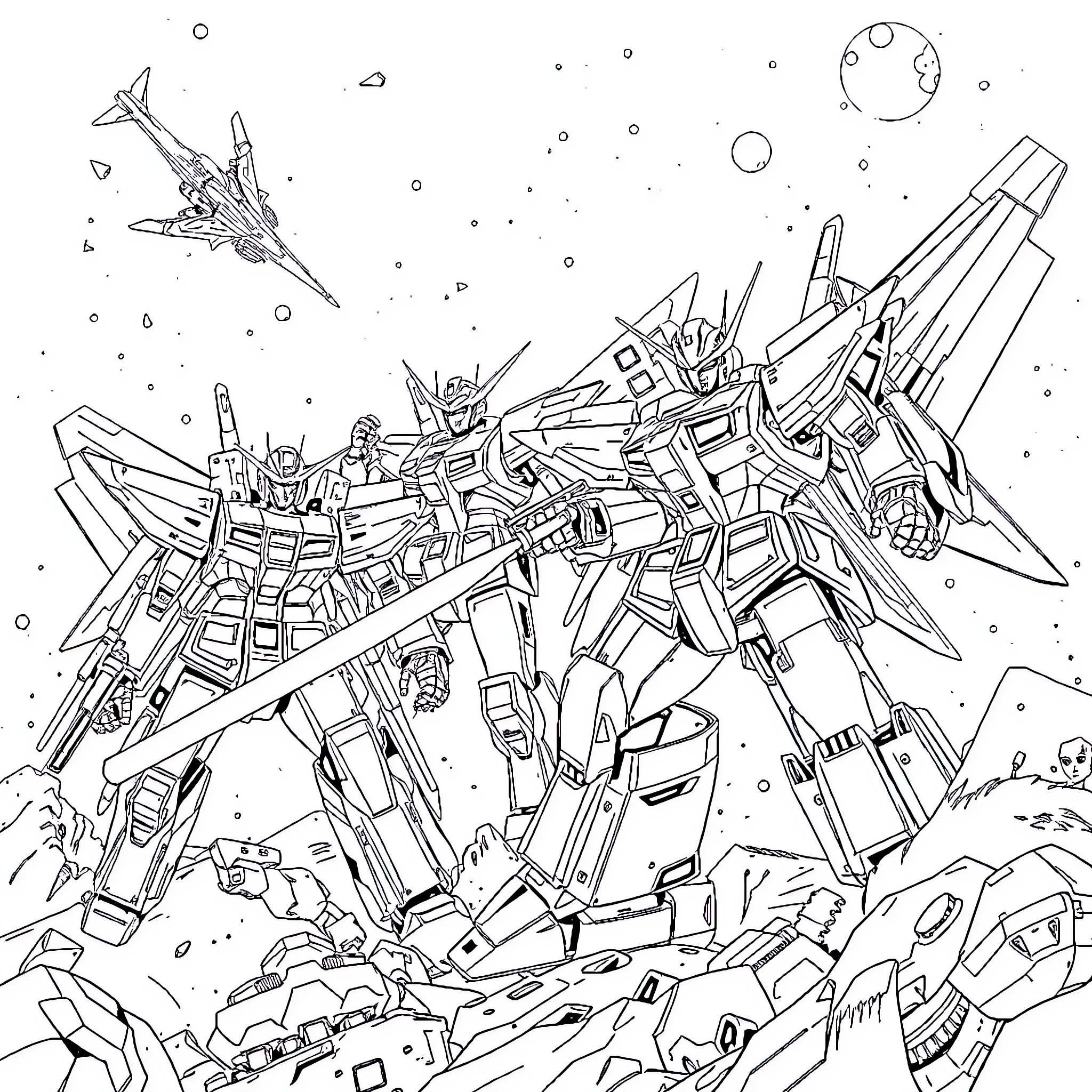 Mecha Robots in Intense Interstellar Battle Coloring Page (free black-and-white line drawing printable PDF for all, from beginners to advanced learners, including children, teens, adults, and seniors)