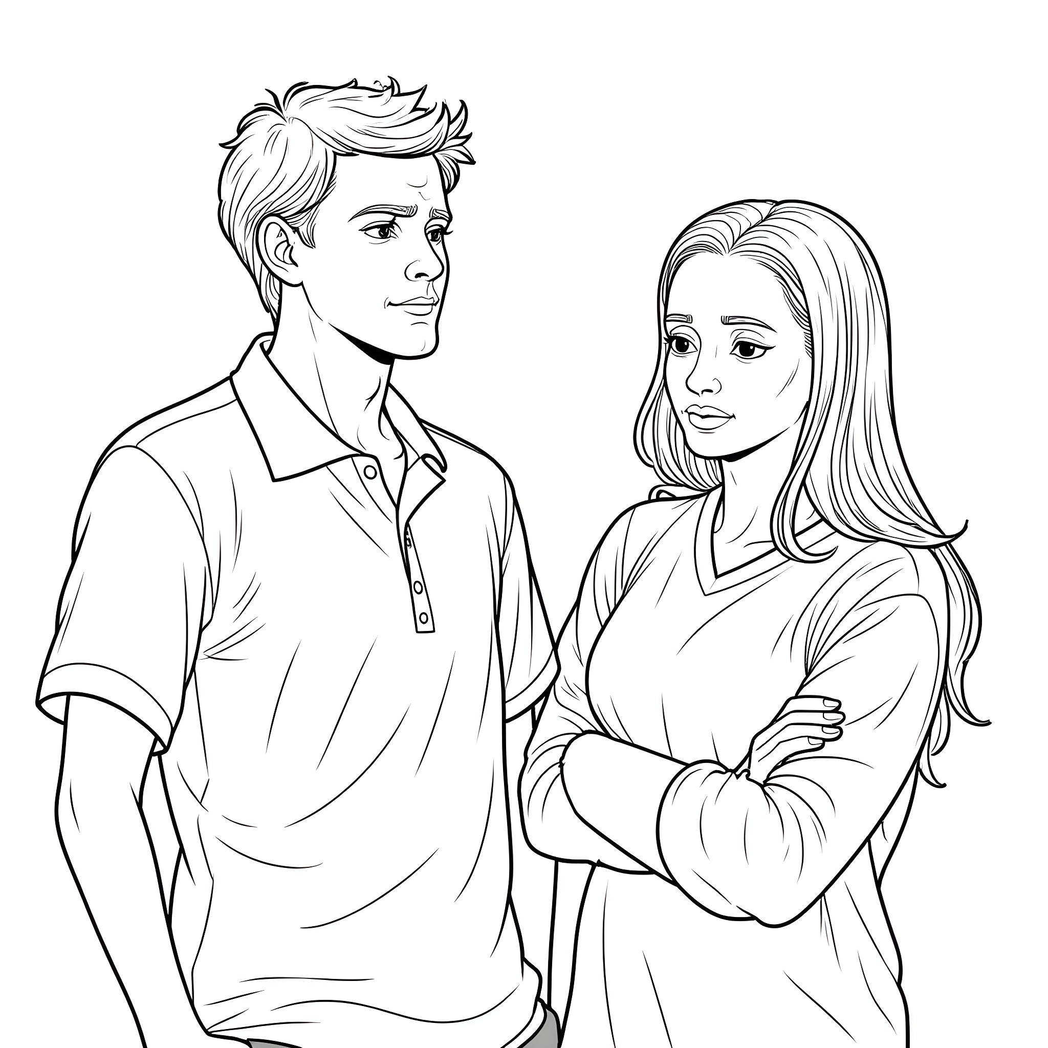 Cowboy couple in casual attire Coloring Page (free black-and-white line drawing printable PDF for all, from beginners to advanced learners, including children, teens, adults, and seniors)