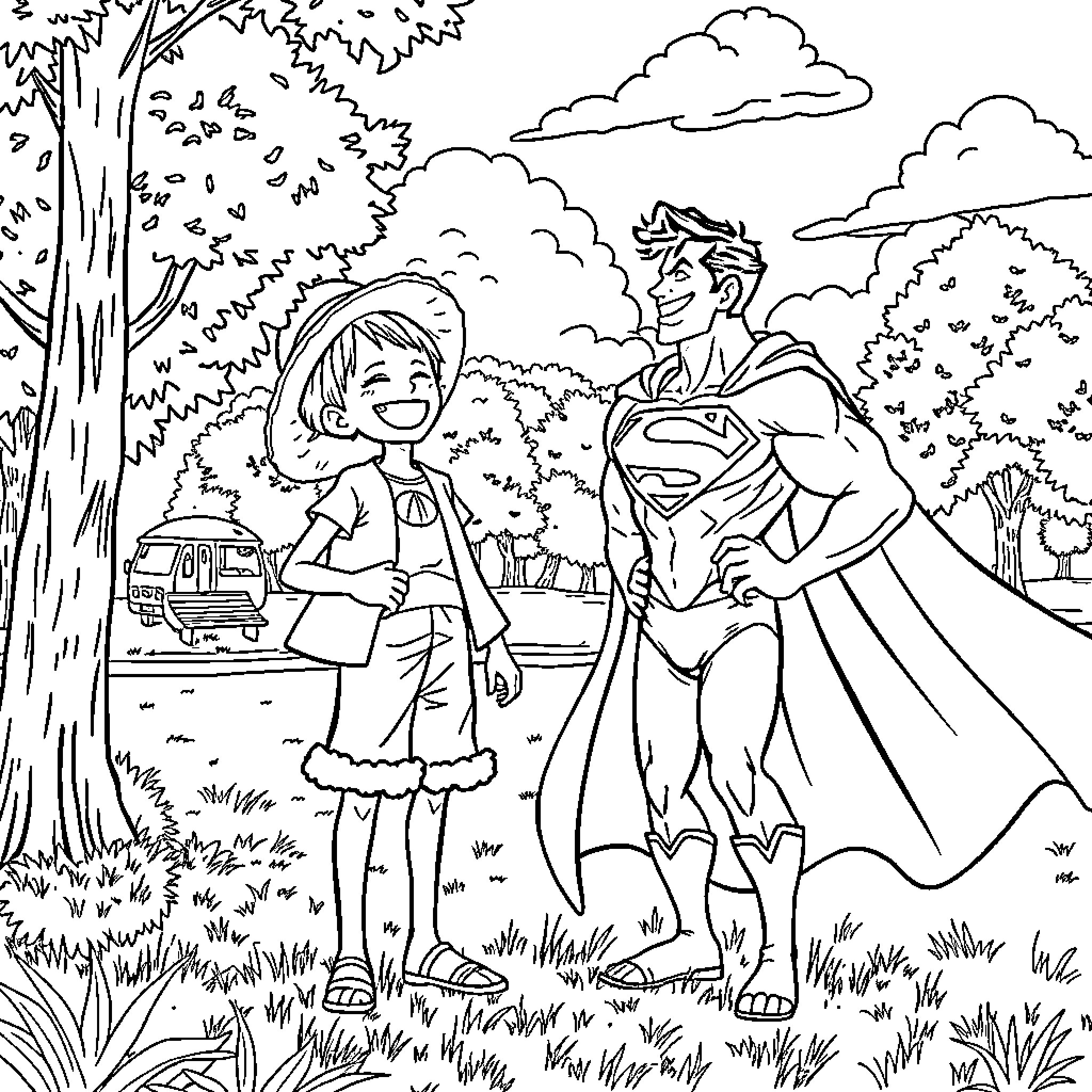 Superman helping a young girl in the park Coloring Page (free black-and-white line drawing printable PDF for all, from beginners to advanced learners, including children, teens, adults, and seniors)
