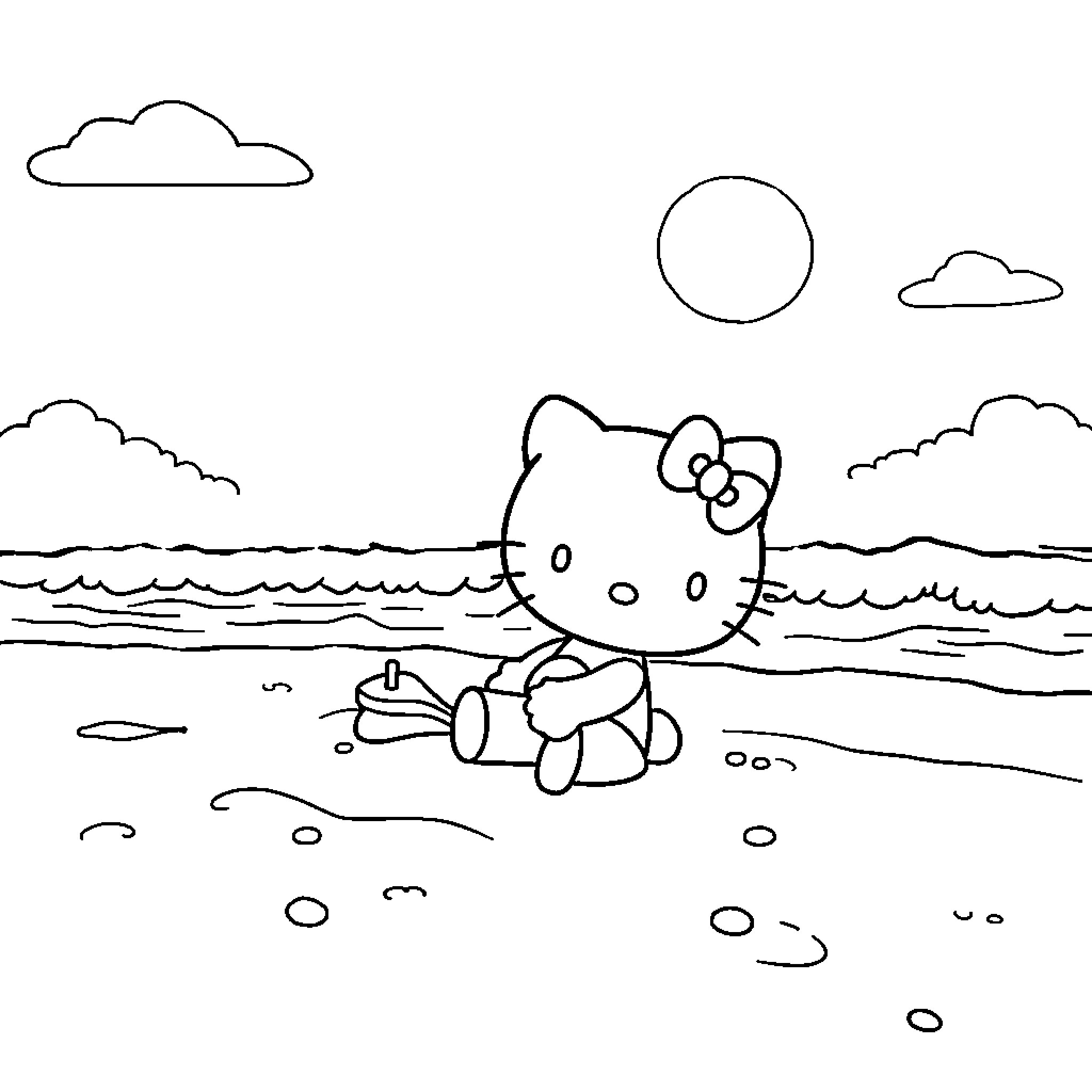 Hello Kitty enjoys beach day adventures Coloring Page (free black-and-white line drawing printable PDF for all, from beginners to advanced learners, including children, teens, adults, and seniors)