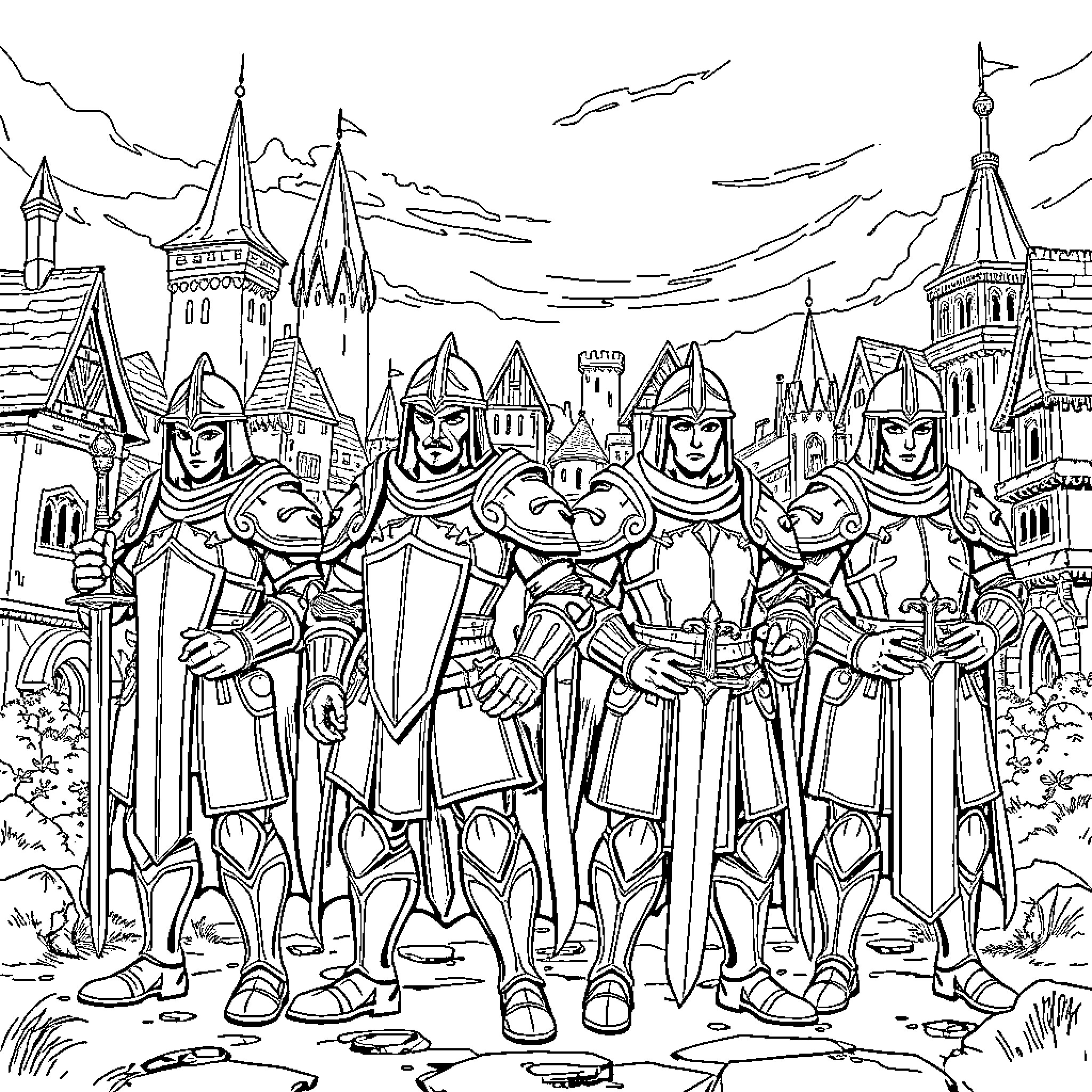 Cityguard knights march with swords and shields Coloring Page (free black-and-white line drawing printable PDF for all, from beginners to advanced learners, including children, teens, adults, and seniors)