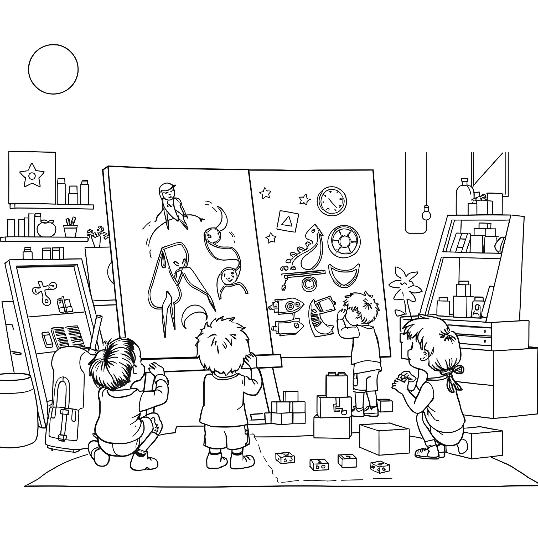 Kids exploring creative space with toys and art Coloring Page (free black-and-white line drawing printable PDF for all, from beginners to advanced learners, including children, teens, adults, and seniors)
