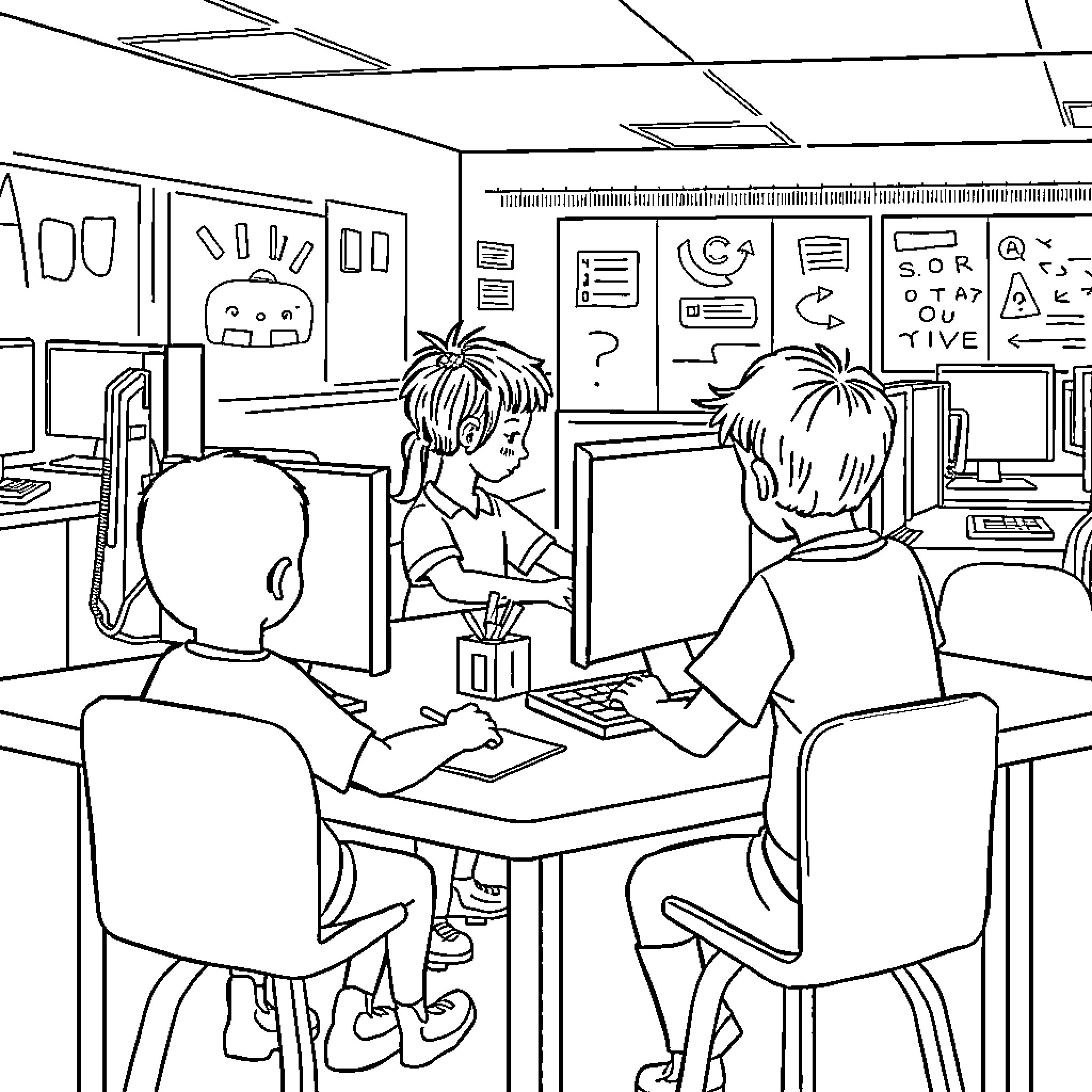 Kid Students Studying in Classroom Coloring Page (free black-and-white line drawing printable PDF for all, from beginners to advanced learners, including children, teens, adults, and seniors)