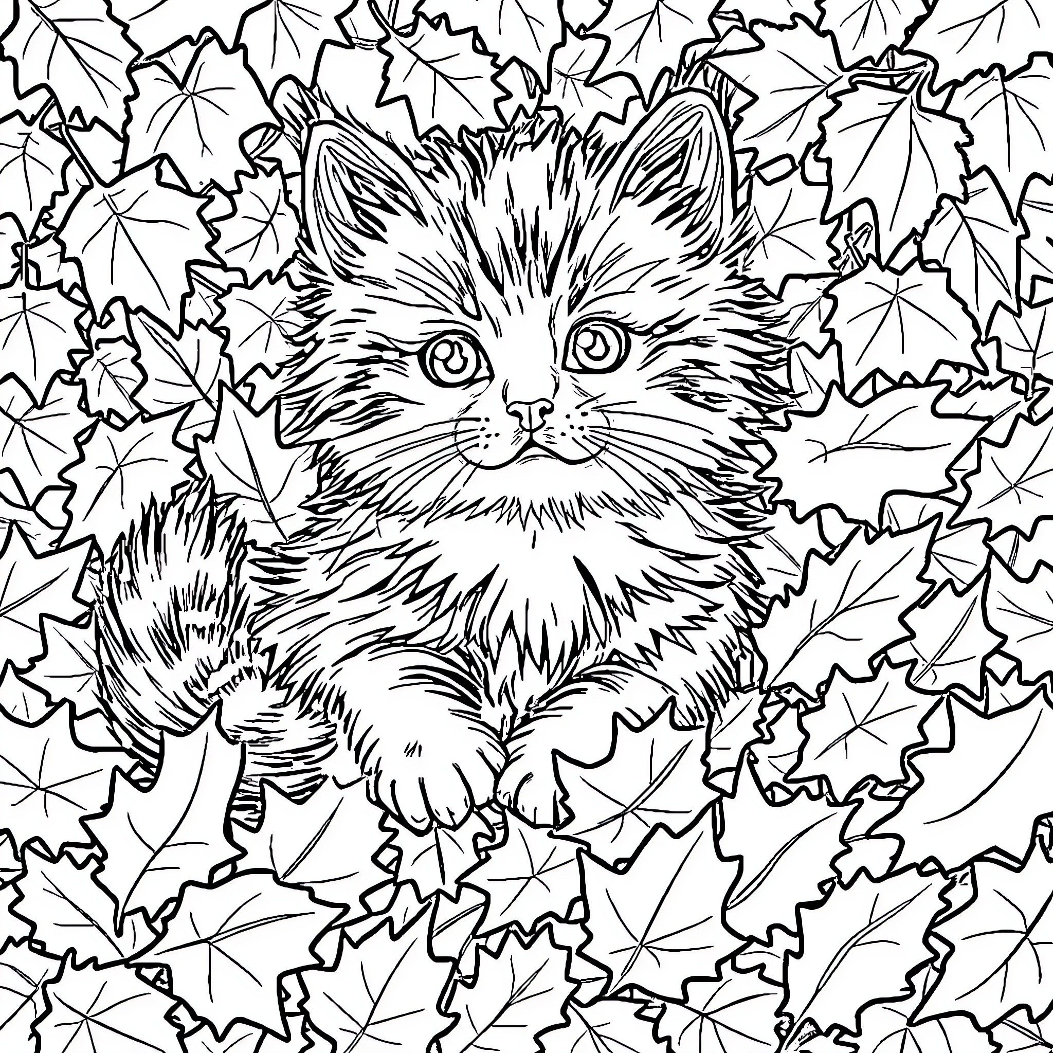 Kitty peeking through autumn leaves Coloring Page (free black-and-white line drawing printable PDF for all, from beginners to advanced learners, including children, teens, adults, and seniors)