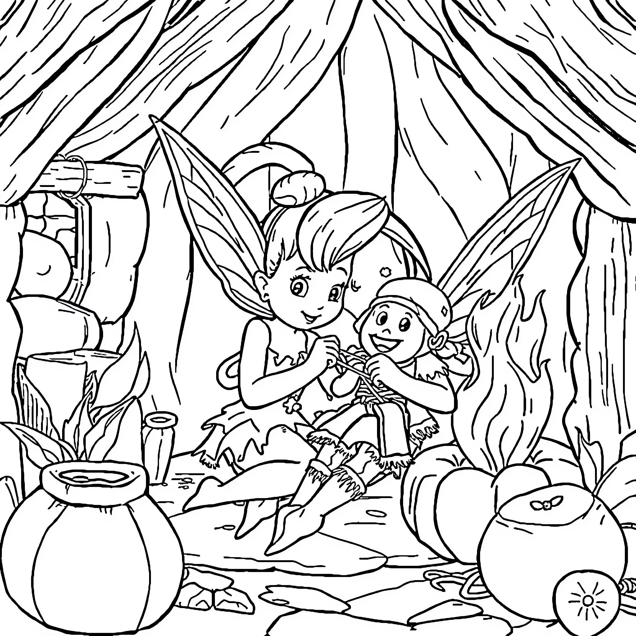Tinkerbell and friends explore the fairy forest Coloring Page (free black-and-white line drawing printable PDF for all, from beginners to advanced learners, including children, teens, adults, and seniors)