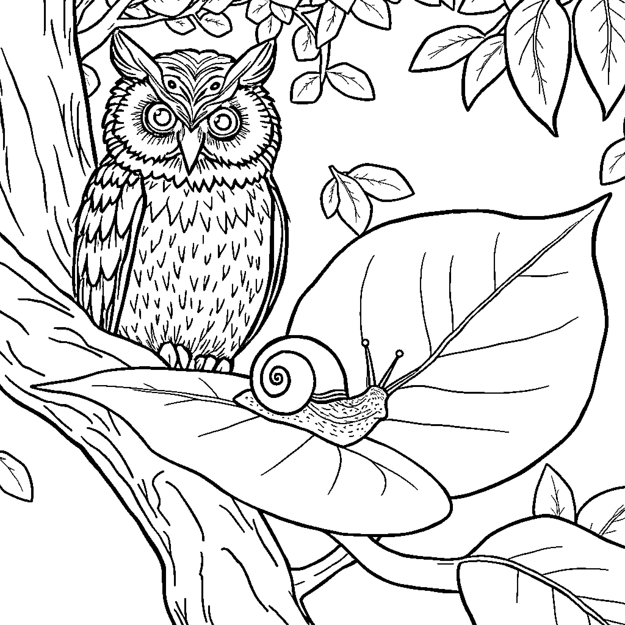 Snail resting near curious owl in forest Coloring Page (free black-and-white line drawing printable PDF for all, from beginners to advanced learners, including children, teens, adults, and seniors)