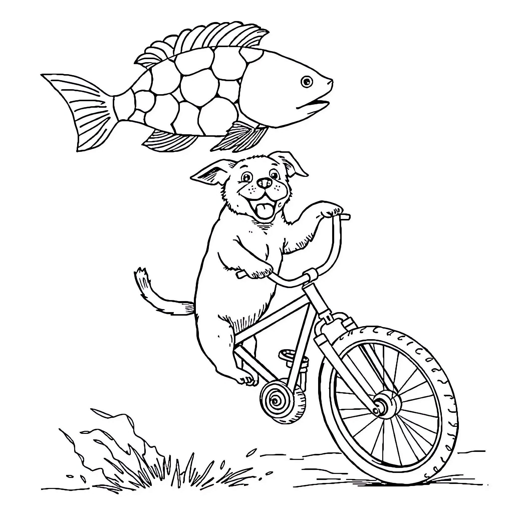 Dog riding bicycle under colorful fish Coloring Page (free black-and-white line drawing printable PDF for all, from beginners to advanced learners, including children, teens, adults, and seniors)