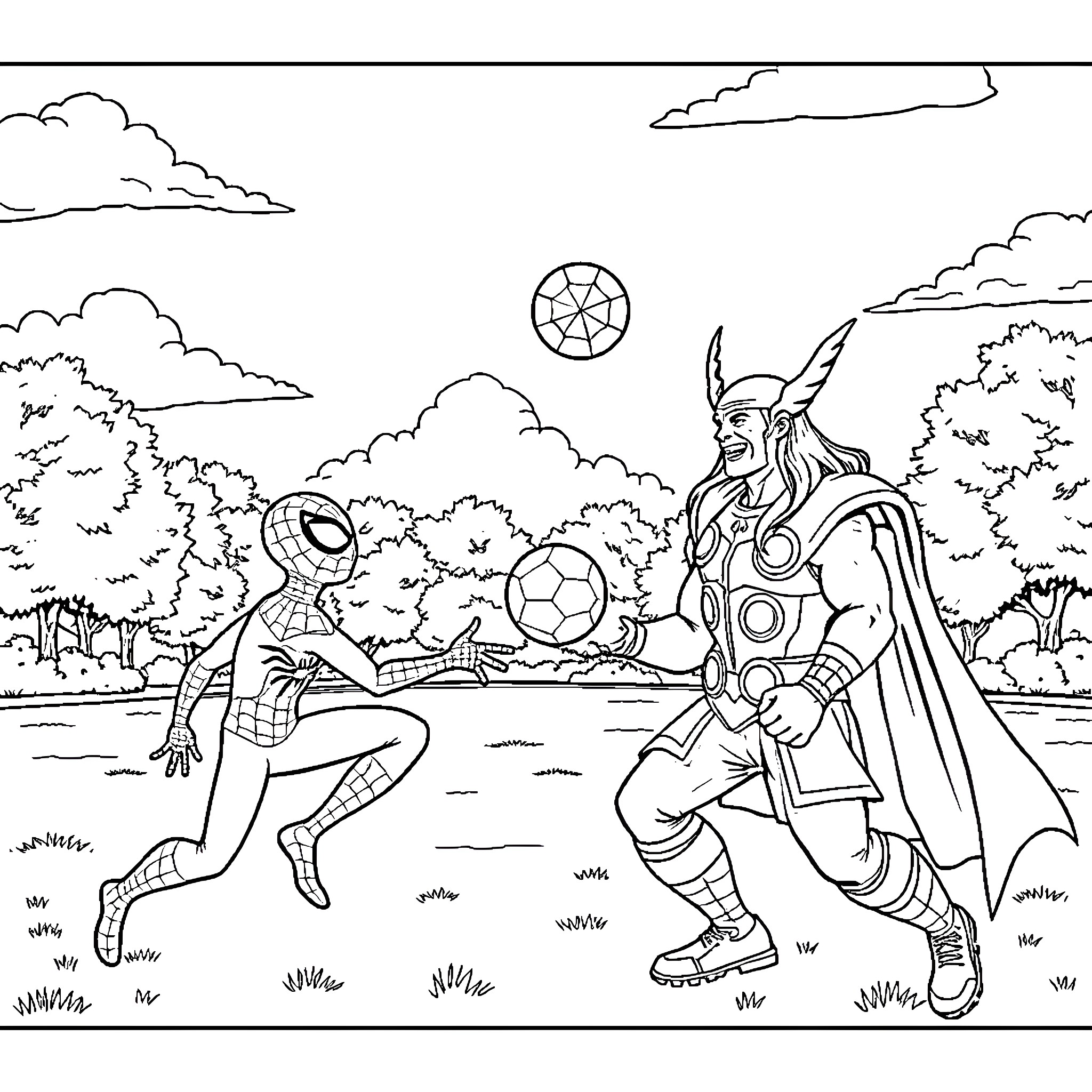 Spiderman and Thor playing with sports equipment in the park Coloring Page (free black-and-white line drawing printable PDF for all, from beginners to advanced learners, including children, teens, adults, and seniors)