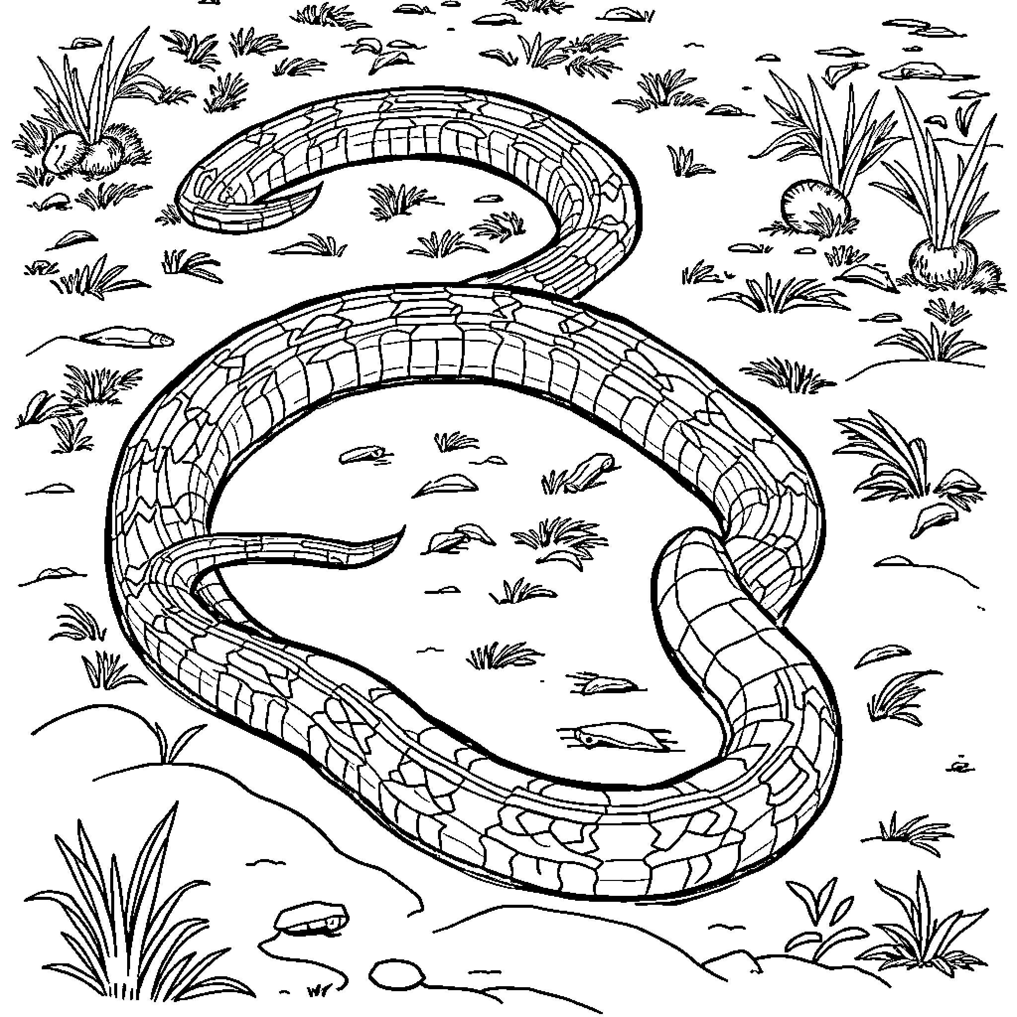 Snake slithering through the undergrowth Coloring Page (free black-and-white line drawing printable PDF for all, from beginners to advanced learners, including children, teens, adults, and seniors)
