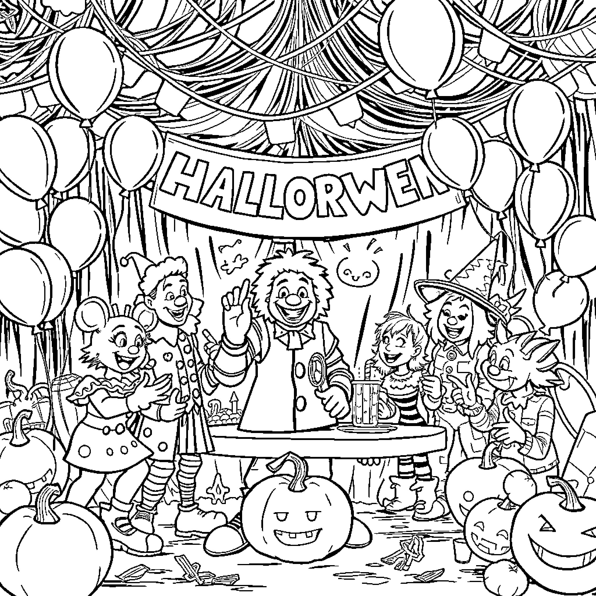 Ronald McDonald Leads Halloween Party with Colorful Guests Coloring Page (free black-and-white line drawing printable PDF for all, from beginners to advanced learners, including children, teens, adults, and seniors)