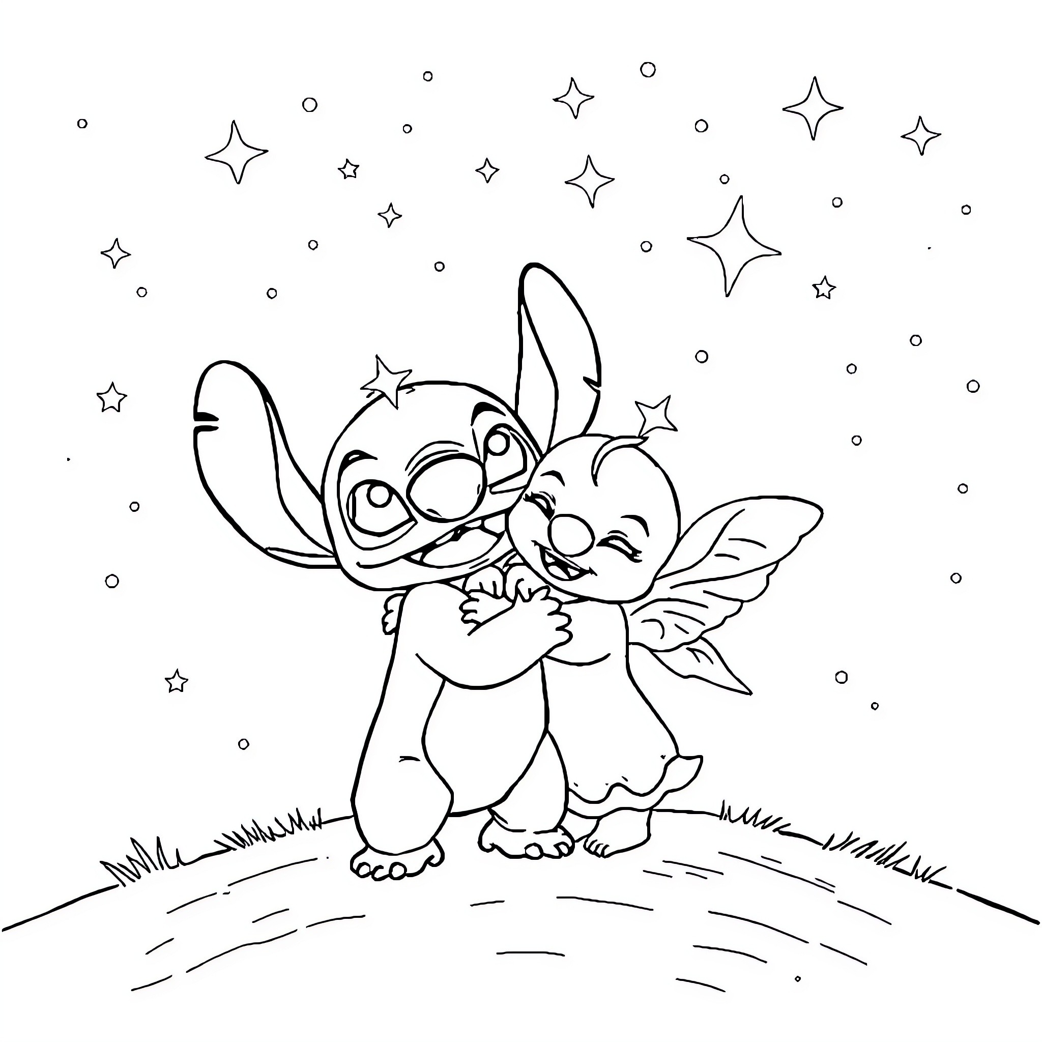 Stitch and Angel Sharing a Tender Moment Coloring Page (free black-and-white line drawing printable PDF for all, from beginners to advanced learners, including children, teens, adults, and seniors)
