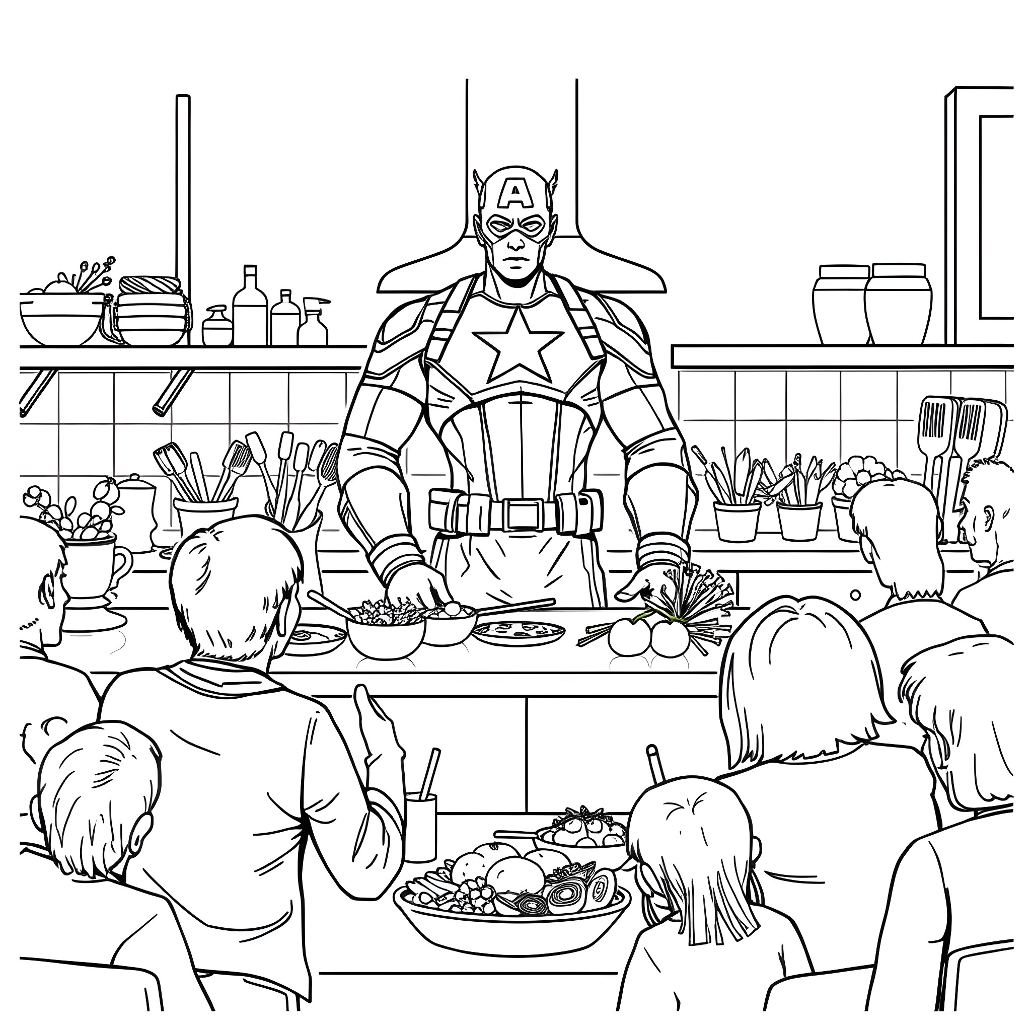 Captain America Cooking a Meal for His Teammates Coloring Page (free black-and-white line drawing printable PDF for all, from beginners to advanced learners, including children, teens, adults, and seniors)