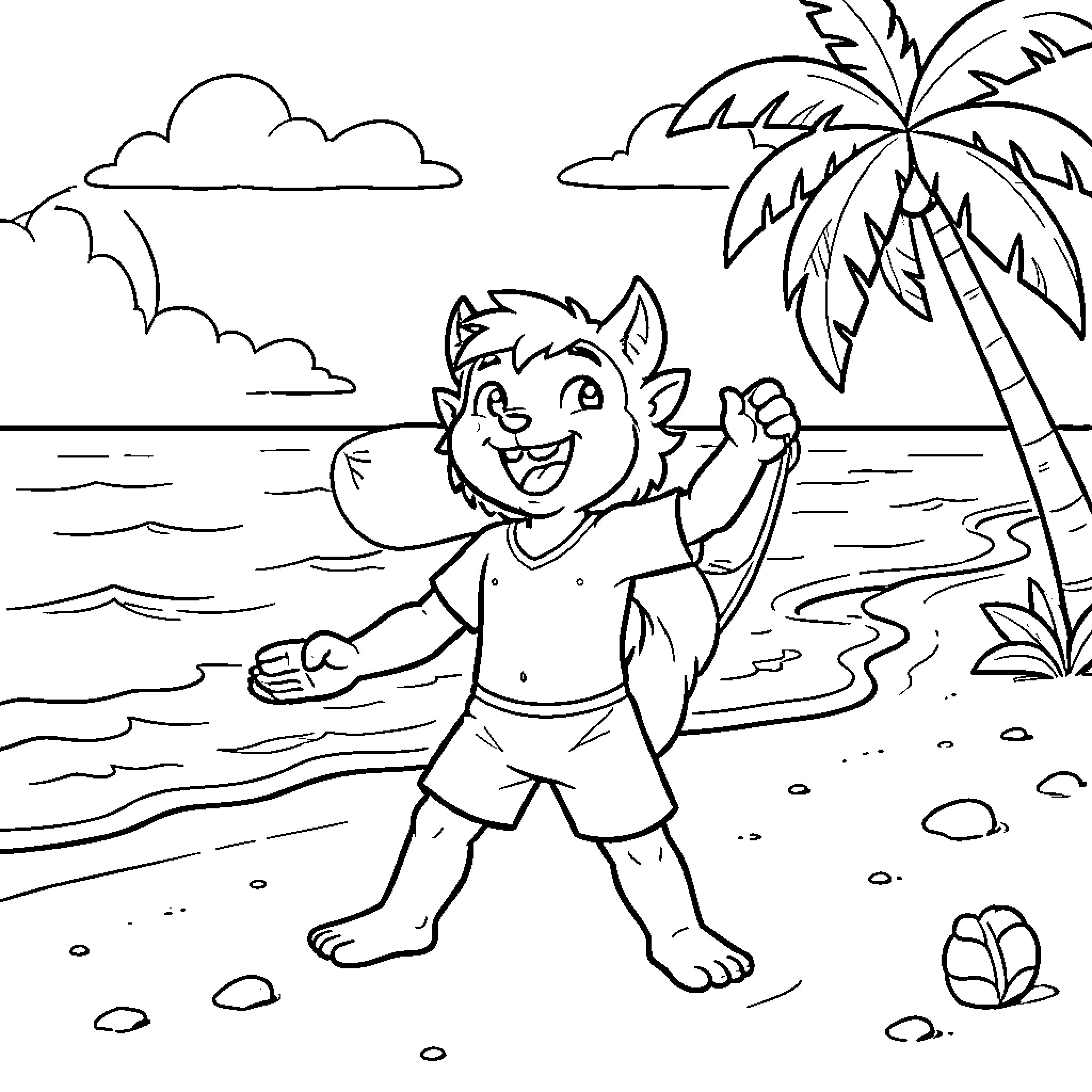 Huntrix happy character enjoying a day at the beach Coloring Page (free black-and-white line drawing printable PDF for all, from beginners to advanced learners, including children, teens, adults, and seniors)