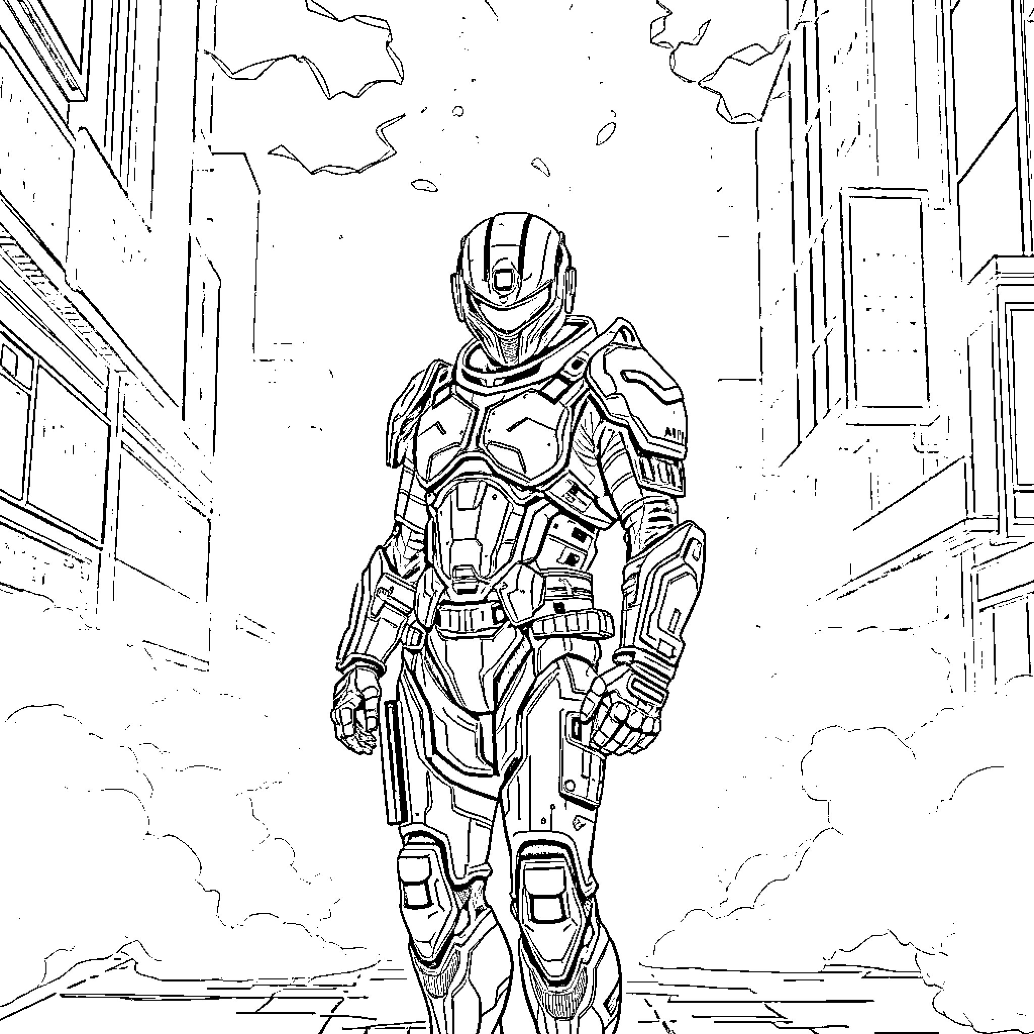 Cyberpunk Character Standing in Futuristic City Coloring Page (free black-and-white line drawing printable PDF for all, from beginners to advanced learners, including children, teens, adults, and seniors)