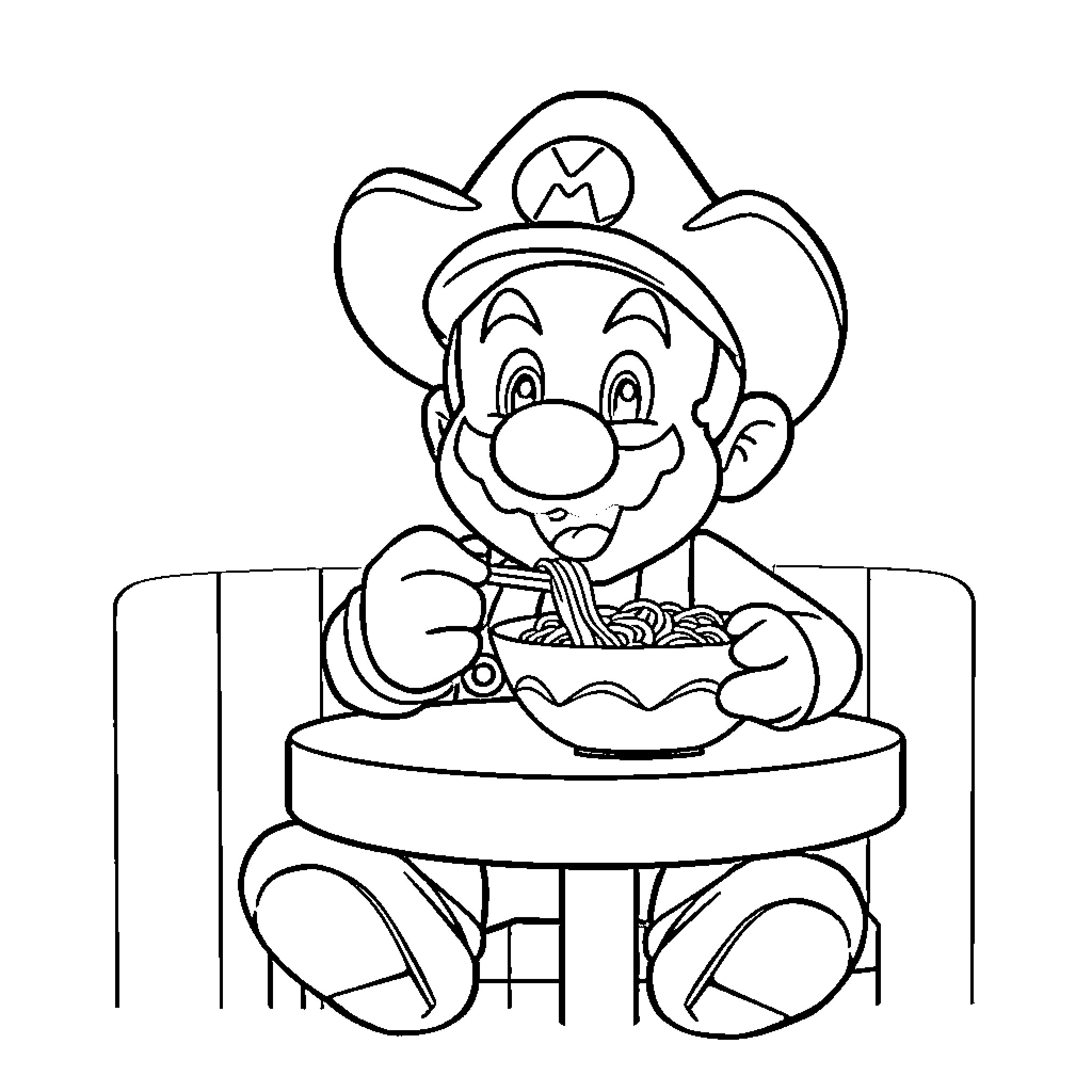 Mario Eating Spaghetti Happily Coloring Page (free black-and-white line drawing printable PDF for all, from beginners to advanced learners, including children, teens, adults, and seniors)
