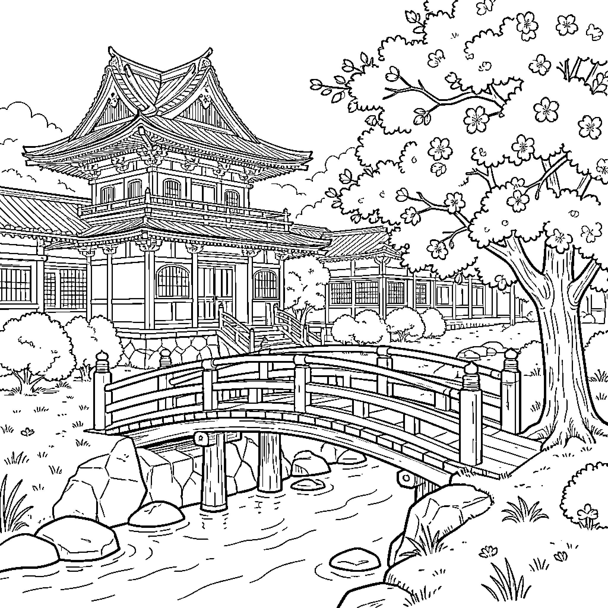 Japanese Temple with a scenic bridge and flowering trees Coloring Page (free black-and-white line drawing printable PDF for all, from beginners to advanced learners, including children, teens, adults, and seniors)